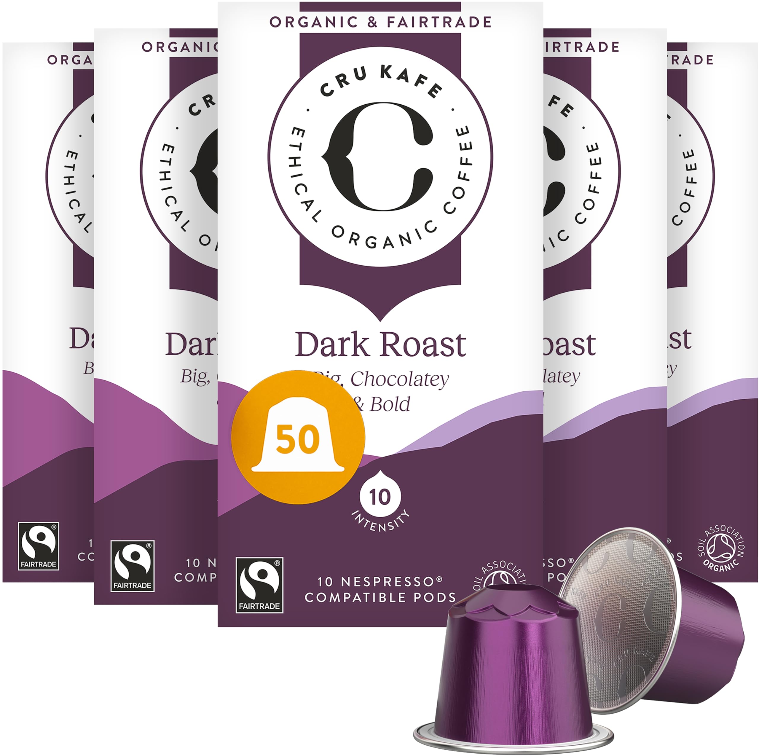 Cru Kafe Dark Roast USDA Organic Espresso Coffee Capsules (50 Pods) Fairtrade Coffee Pods Compatible with Nespresso Original Line and Pixie Machines