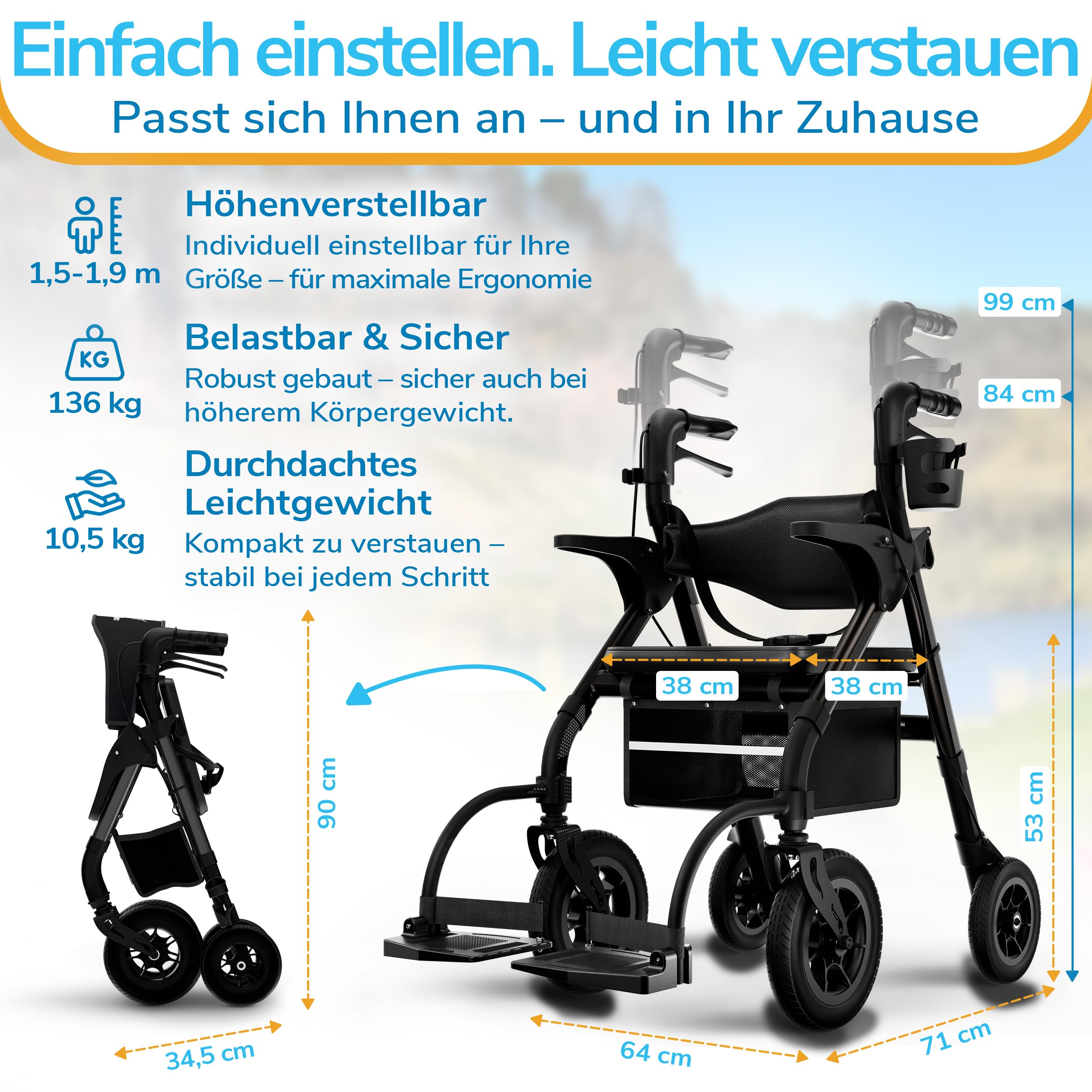 WALCORA 2 in 1 Rollstuhl Rollator Faltbar und Leicht mit Sitz – NEUHEIT 2026 – Gehhilfe für Senioren Outdoor & Indoor Wohnung – Klappbar Gummireifen Leichtgewicht Gehwagen Walker Wheelchair Kaufen