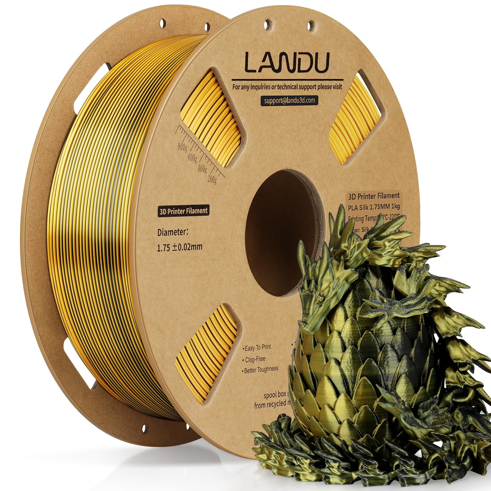 LANDU Silk Dual Color PLA Filament 1.75mm 1KG, 3D Printer Filament Dimensional Accuracy +/- 0.02mm, Coextrusion Filament PLA Shiny Filament Fits for Most FFF 3D Printers,1KG Spool (2.2lbs) Black Gold