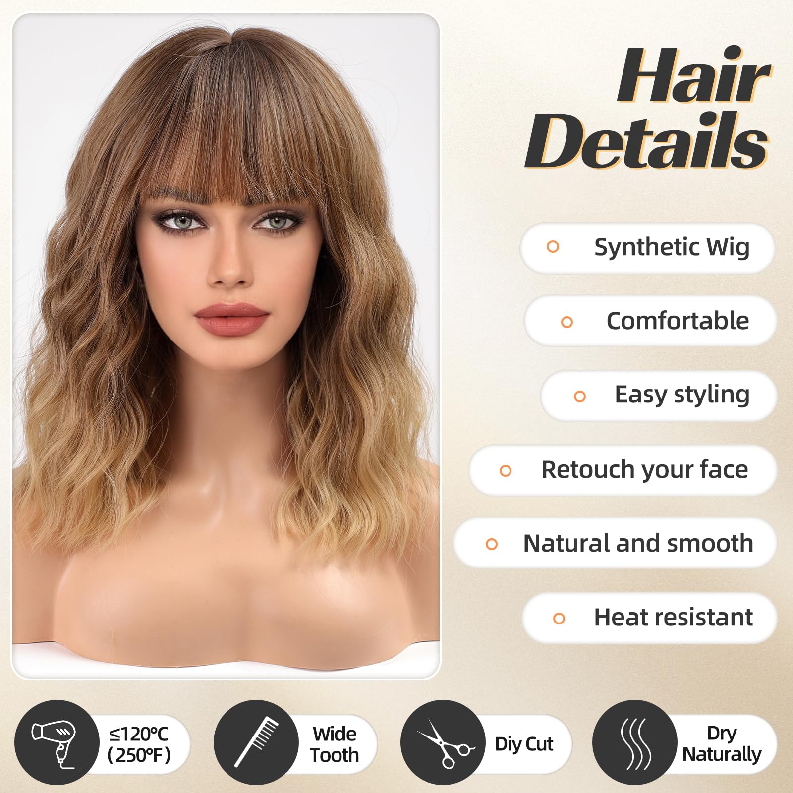 HAIRCUBE Breve Charming Bob con Bangs Parrucche per la Donna Natura Resistente al calore Fibra sintetica Partito/Cosplay/Costume/Parrucca quotidiana (Ombre Brown Bionde)