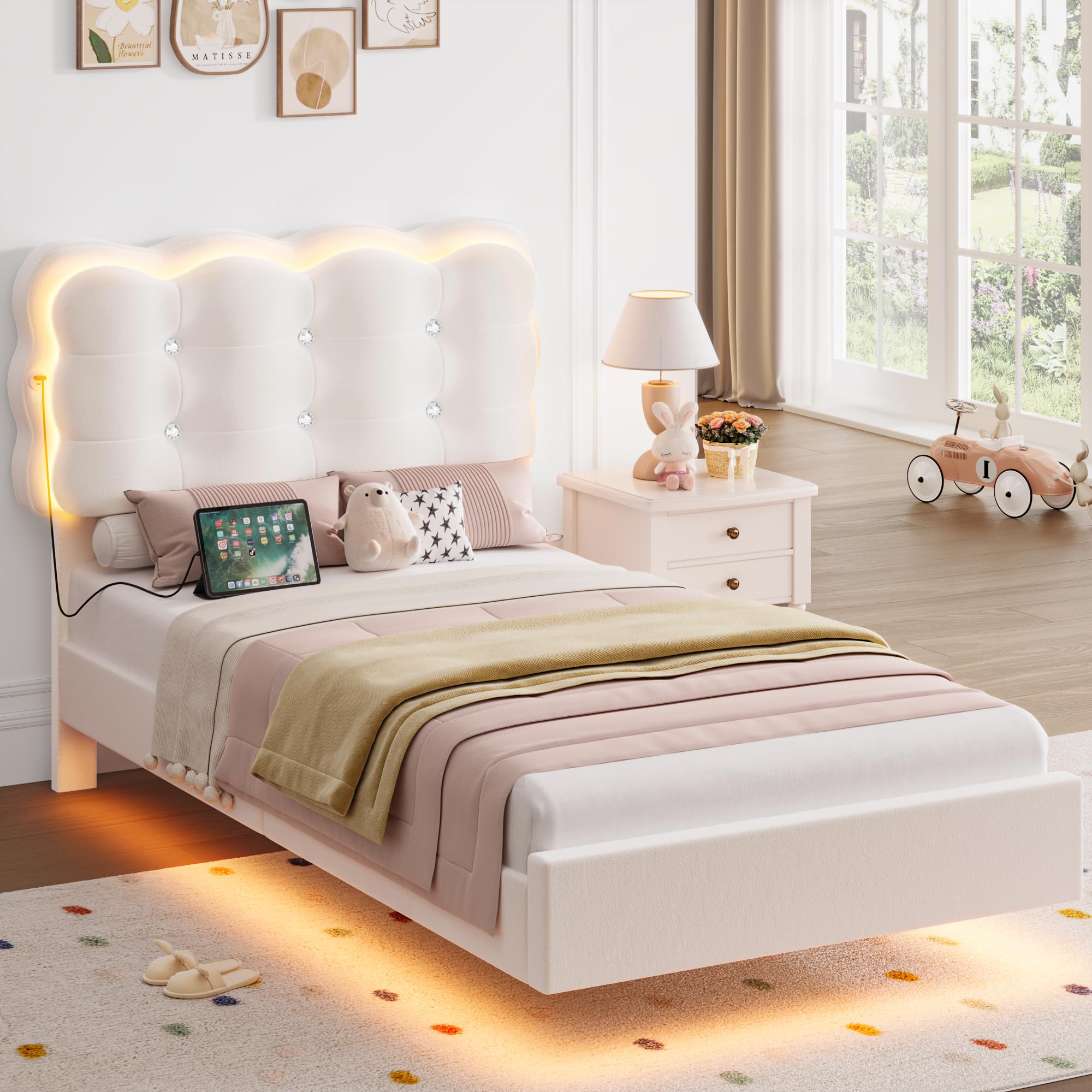 HIFIT 2 Set Upholstered Twin Size LED Bed Frame with Charging Station, Adjustable Crystal-Tufted Puffs Headboard, Velvet Girls Floating Twin Platform Bed Frames for Kids with Under Bed Lights, Beige