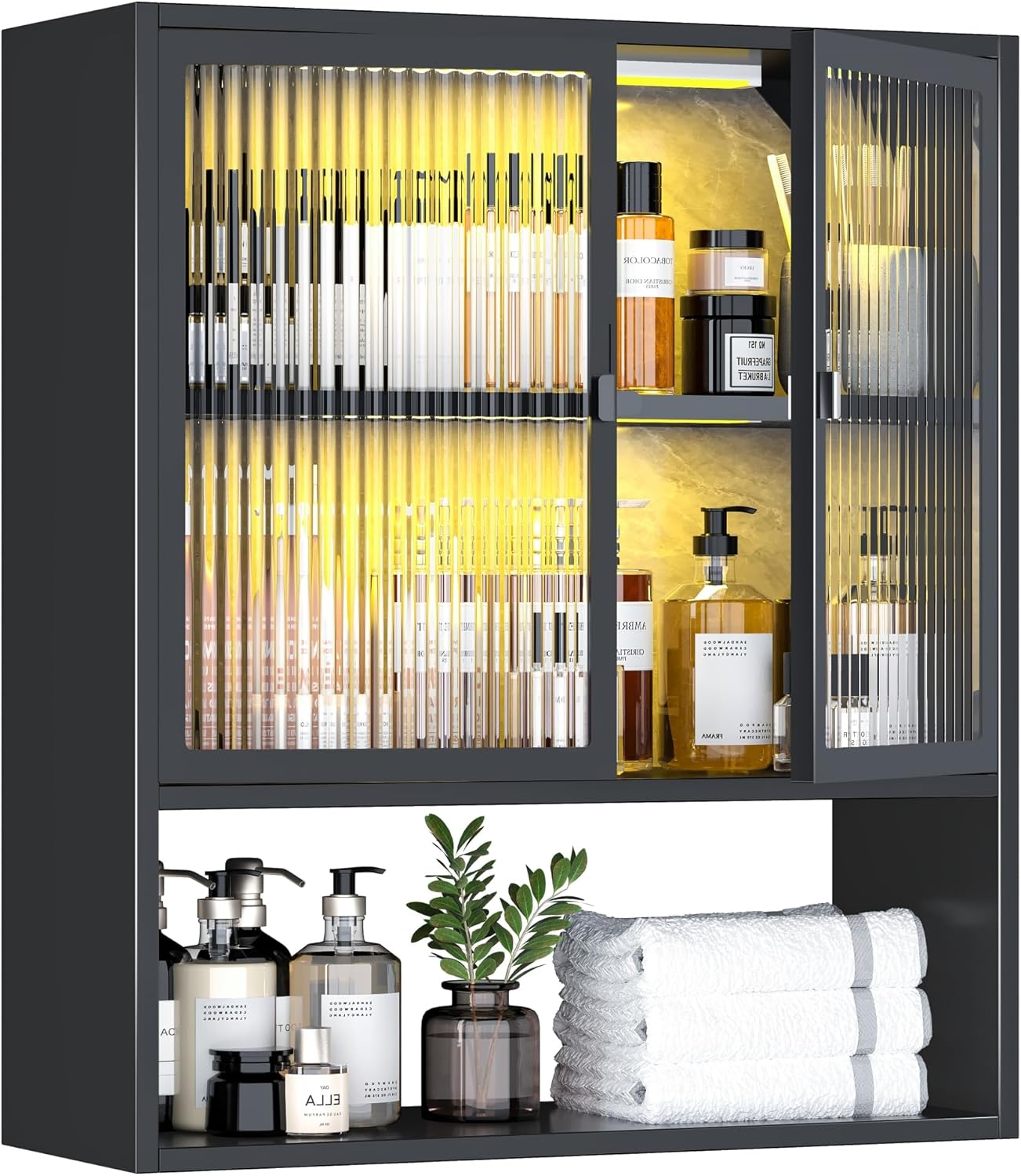 Metal Wall Cabinet with Glass Doors & LED Lights, Wall-Mounted Over-The-Toilet Medicine Cabinet, Space-Saving Storage Cabinet for Bathroom, Kitchen, Laundry or Living Room, 27.56" H Black
