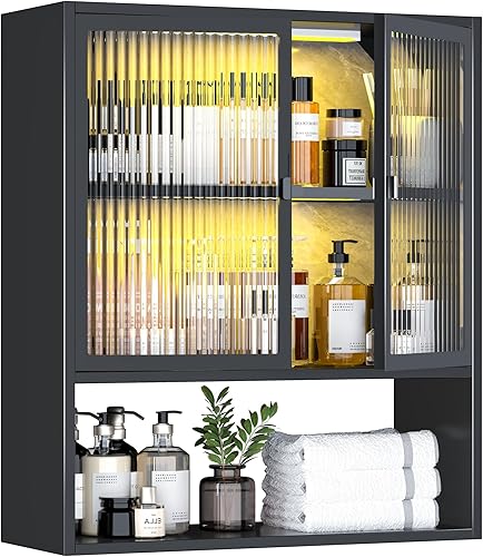 Armario de pared de metal con puertas de vidrio y luces LED, botiquín montado en la pared sobre el inodoro, gabinete de almacenamiento que ahorra