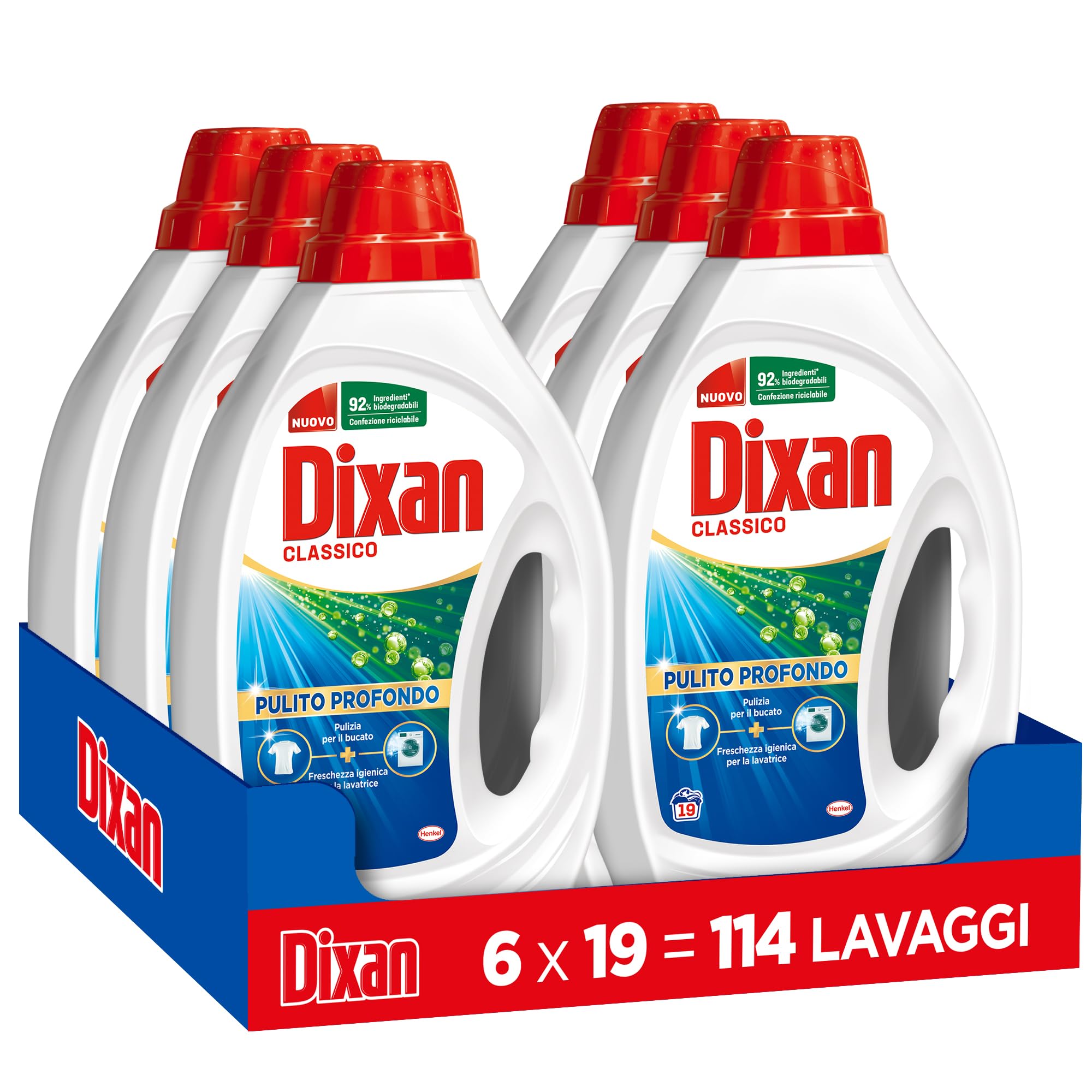 Dixan Liquido Classico Detersivo Lavatrice (6 confezioni da 19 Lavaggi), per una pulizia profonda del bucato e freschezza igienica per la lavatrice, Rimuove le macchie da 20°C