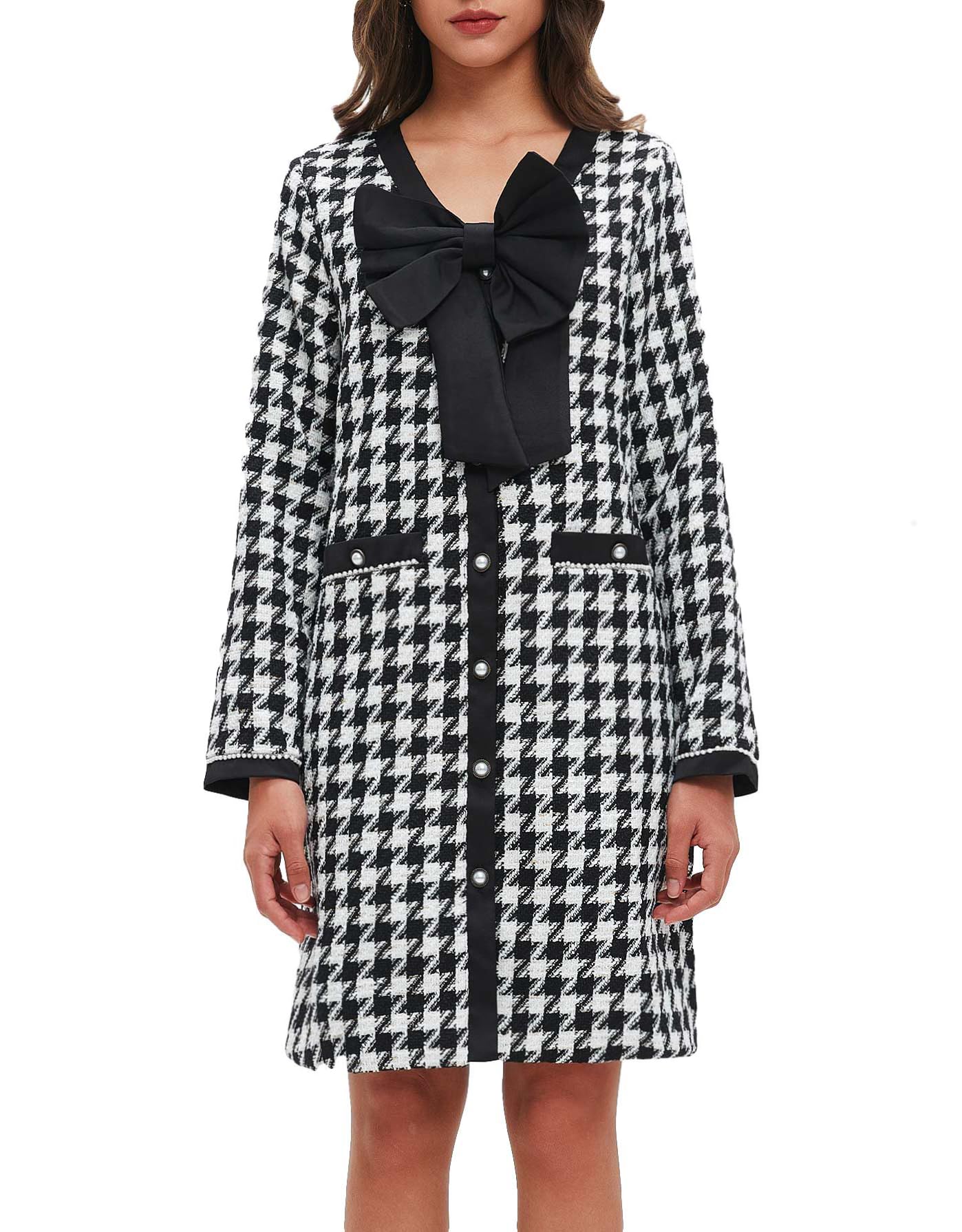 Womens Tweed Bow Mini Dress Long Sleeve V Neck Button Down Elegant Business Work Dress