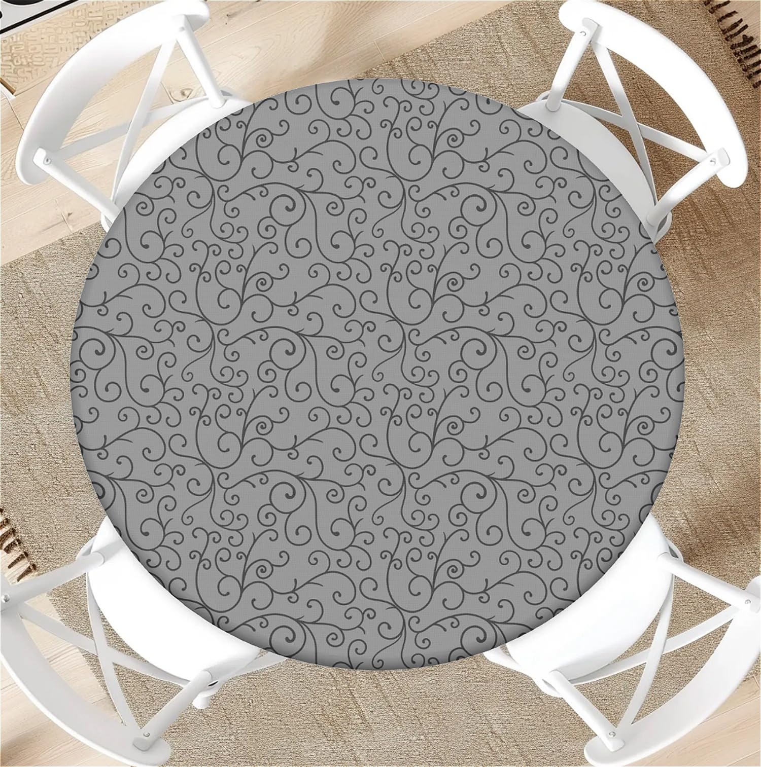 artslion Modern Round Table Cloth Wipe Clean 44 inch, Waterproof Table Cover with Elastic for Dining Room, Kitchen & Coffee Table-Grey Scroll