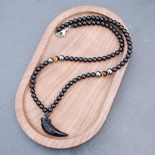 Miniatura 6 de Obsidian Wolf Necklace for Men, Natural Healing Crystal Mens Beaded Necklace, Black Obsidian Tigers Eye and Hematite Energy Stone Amulet Protection