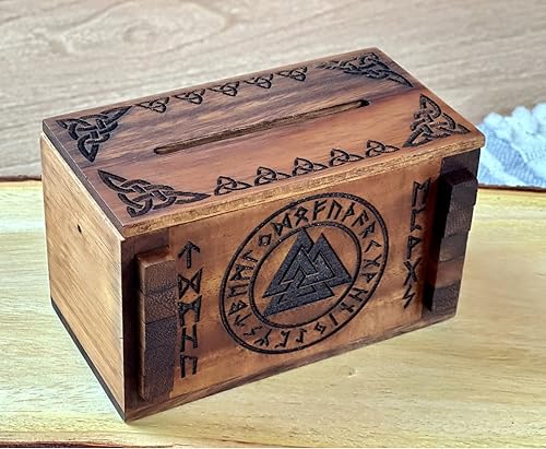 Miniatura 3 de Enigma - Caja de rompecabezas secreto vikingo tarjetero de dinero y regalo en un candado de trucos de coeficiente intelectual de madera con