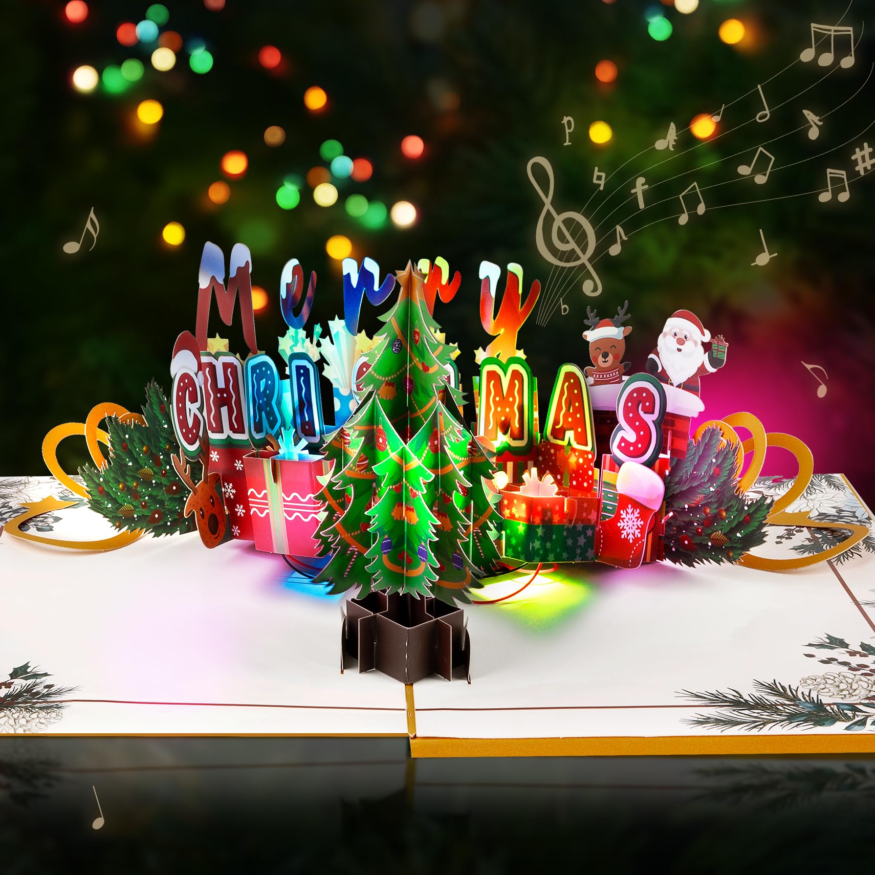 GREETING ART Musical Christmas Card, Pop Up Christmas Cards with Lights and Music, Merry Christmas Tree 3D Design, Handmade Xmas Greeting Card for Holiday Winter