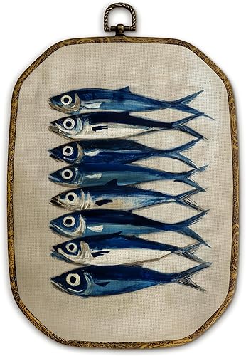 Yjeslw Decoración de pared octágono de pescado sardino costero, impresiones en lienzo enmarcadas de mariscos marinos vintage, decoración retro para