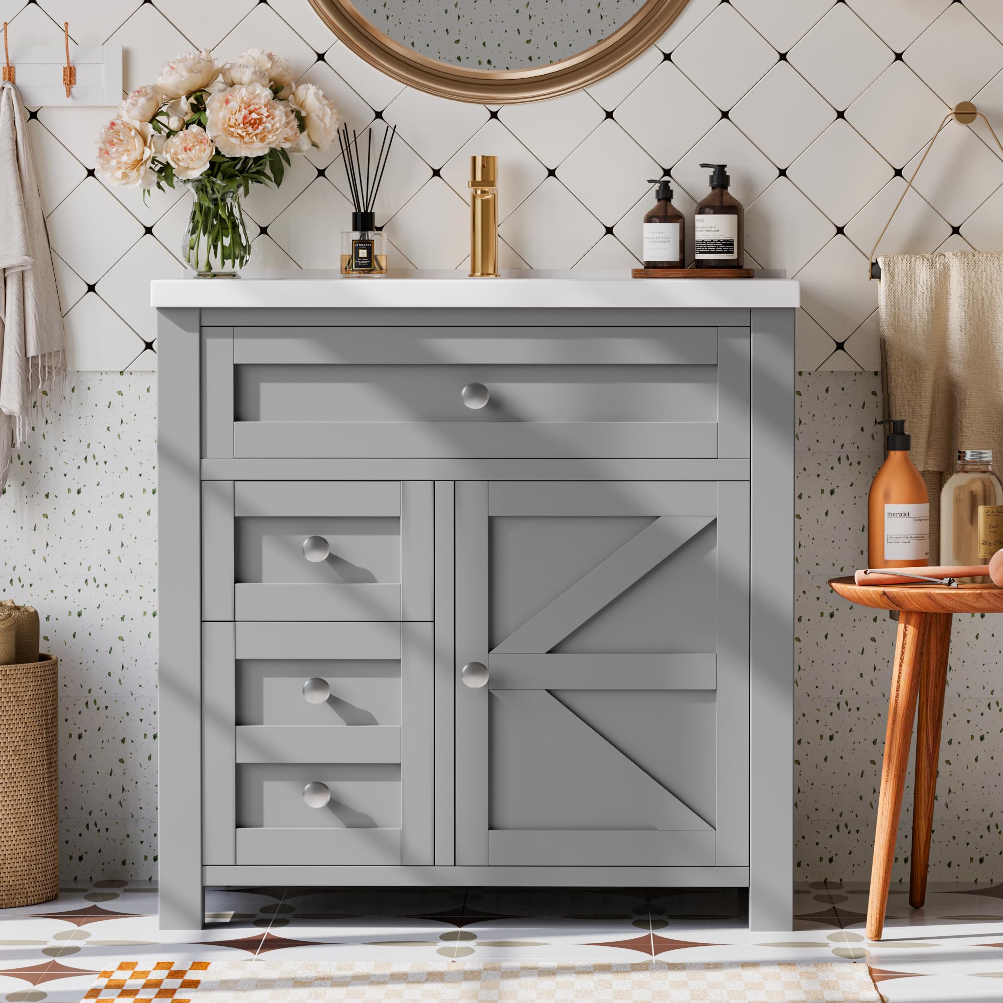 yeshomy bathroom vanity with 30" sink, modern wood pedestal bathroom spacious storage space cabinet with drawer, light gray (does not come with sink)