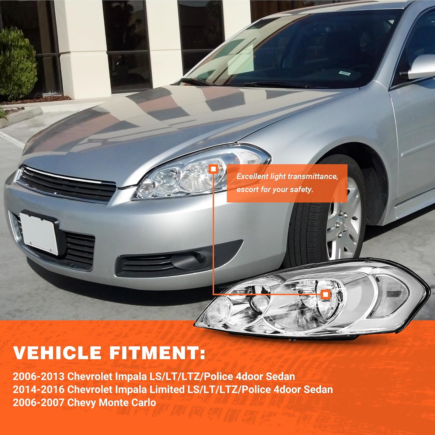 Headlight Assembly for 2006 2007 2008 2009 2010 2011 2012 2013 Chevy Impala Fit 14-15 Impala Limited / 06-07 Monte Carlo Clear Lens Chrome Housing Clear Reflector Headlamp Replacement Pair