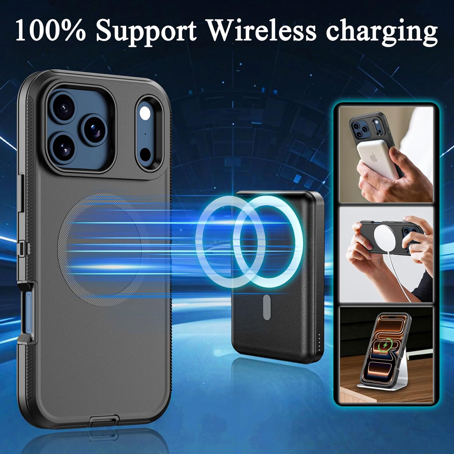 Compatible with iPhone 17 Pro Max Case, with Belt Clip Holster Heavy Duty Rugged Shockproof Magnetic Wireless Charging Full Body Protection Kickstand Cover for iPhone 17 Pro Max（Black） - Image 2