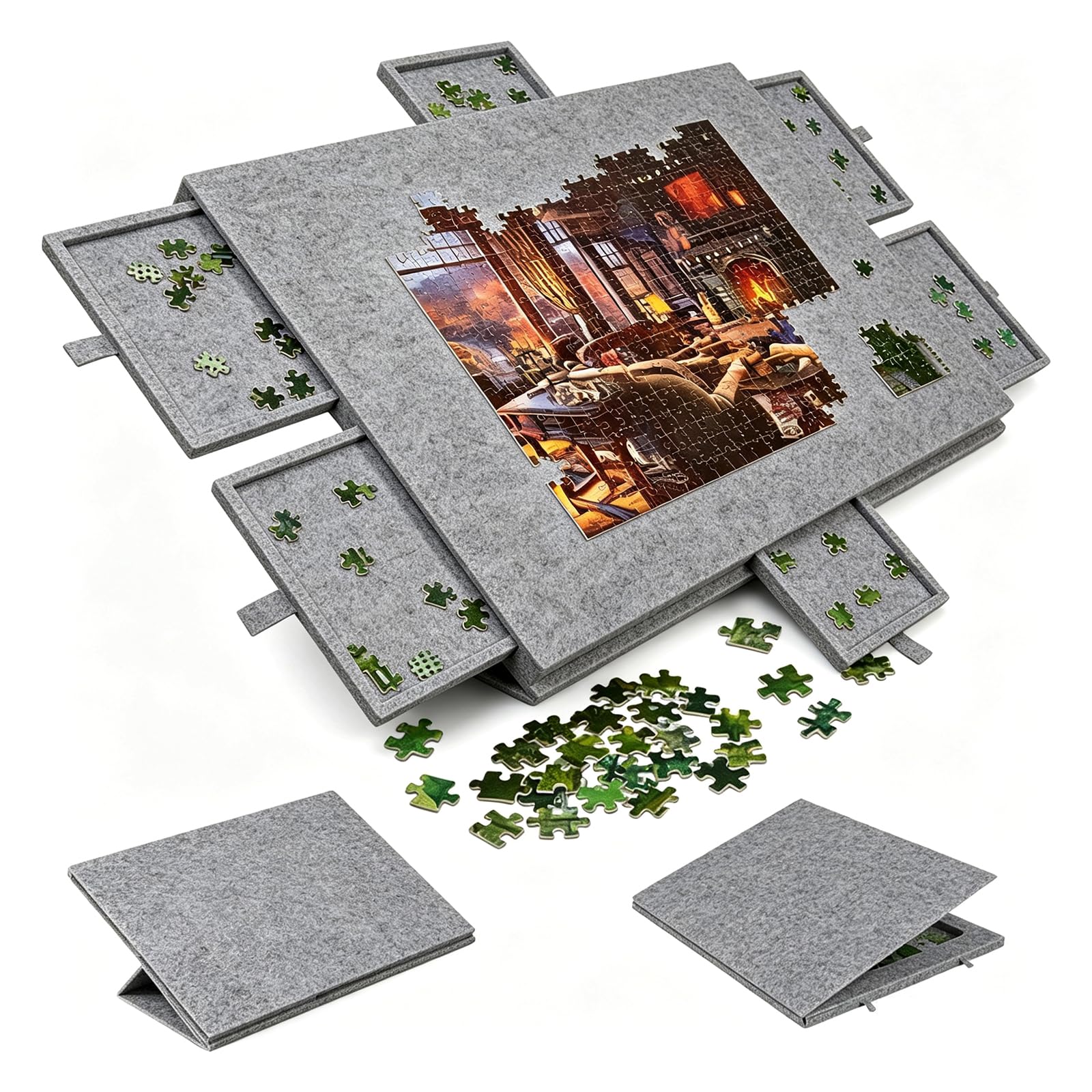 Rompecabezas basculante 1000 piezas – Tabla de rompecabezas con 6 cajones y superficie de fieltro, tablero de rompecabezas portátil con soporte 2 en 1, perfecto para el hogar y los viajes, 52