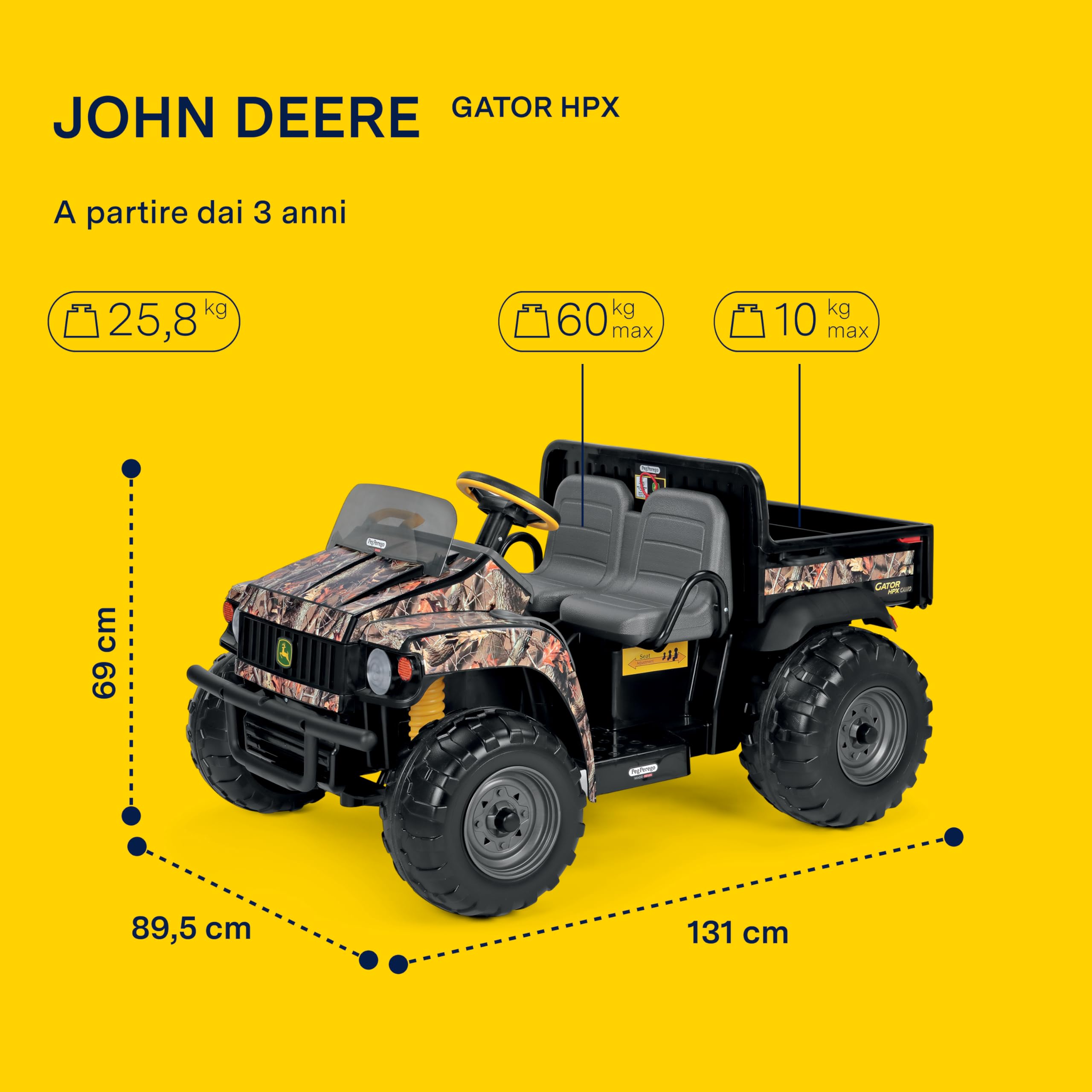 PEG John Deere Gator HPX Camo - Trattore Elettrico Cavalcabile per Bambini dai 3 Anni, Utility Vehicle Elettrico con Cassone Ribaltabile e Clacson, Batteria Ricaricabile da 12V