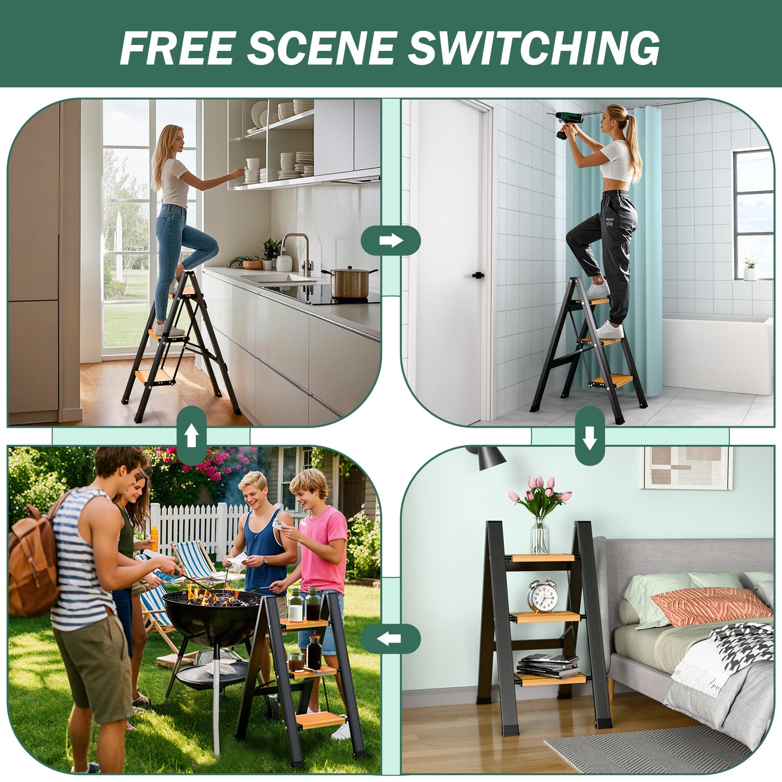 KULACO Escalera Plegable 3 Peldaños de Aluminio, con Peldaños Antideslizantes y Portátil hasta 150 kg, Diseño Elegante para Hogar, Cocina, Camping
