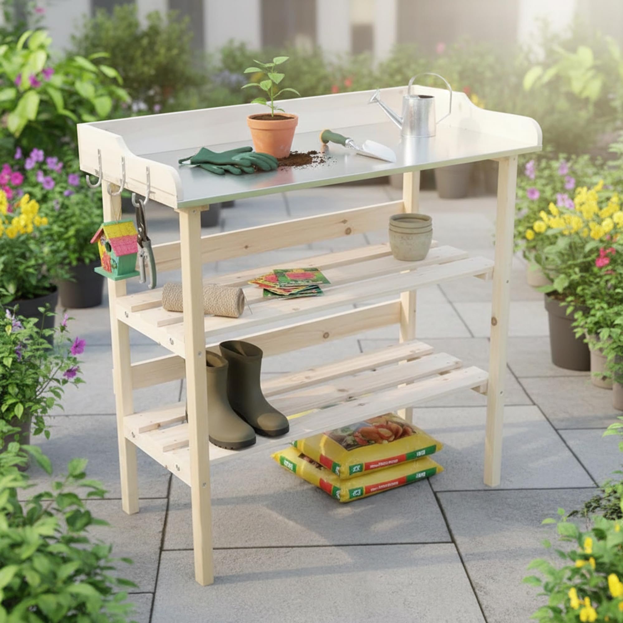 Mucola Pflanztisch Gärtnertisch mit Zinkplatte 2 Ablagen 84x78x38 cm Holz