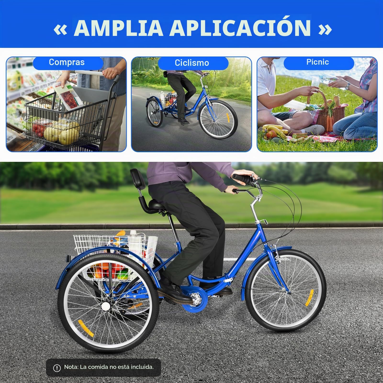 Triciclo de bicicleta plegable de 24 pulgadas, triciclo para adultos, bicicleta de 3 ruedas con cesta de la compra, para adultos, personas mayores, mujeres, hombres
