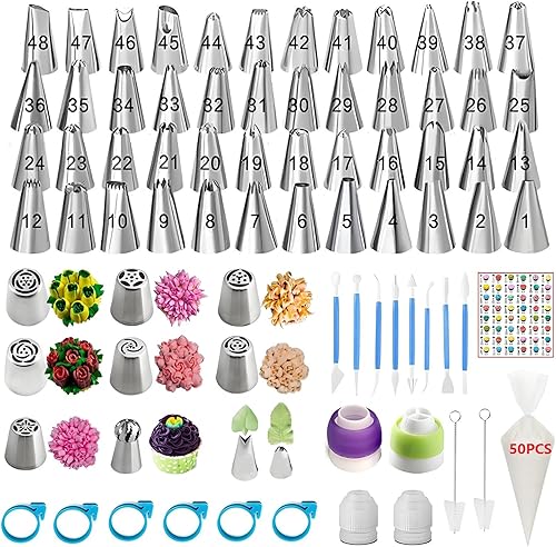 Juego de 130 bolsas y puntas con 48 puntas de glaseado numeradas, 7 puntas rusas, 1 punta de bola, 2 puntas de hojas, tabla de patrones, 8