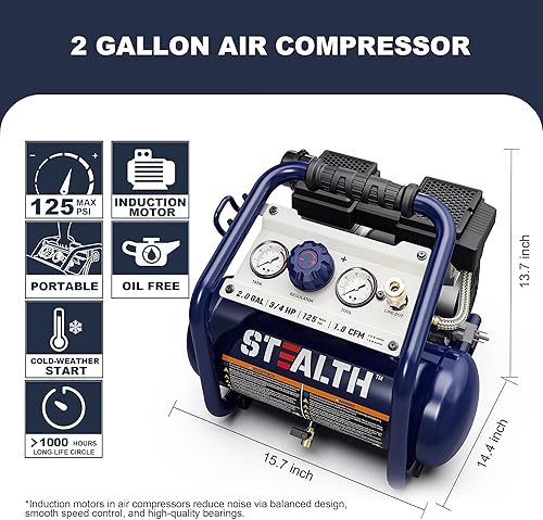 Miniatura 2 de Stealth Compresor de aire ultra silencioso solo 60 decibelios 2 galones pico 34 HP Max 125 PSI compresor de aire portátil bomba de aire sin aceite