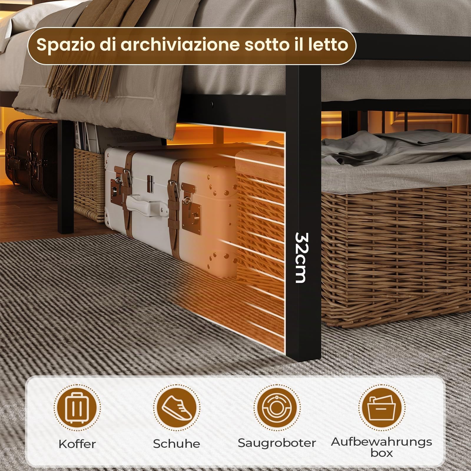 DICTAC Letto Matrimoniale 160 x 200 cm con Illuminazione LED, Telaio in Metallo con Stazione di Ricarica USB e Testata in Legno, Rete a Doghe in Metallo