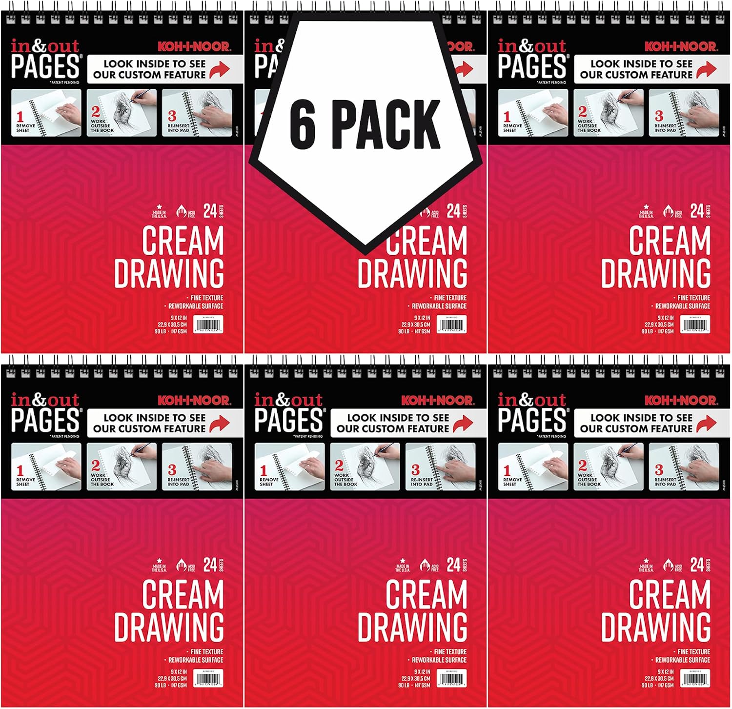 Koh-I-Noor 9" x 12" Cream Colored Drawing Paper Pad with in & Out Pages, 90 lb. / 147 GSM, Top Wire-Bound, 24 Sheets/Pad, 6-Pack