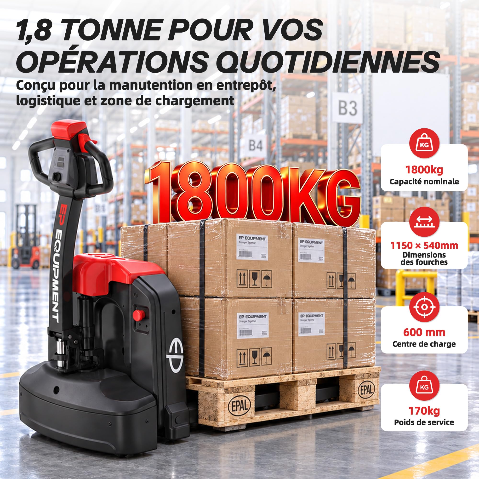 EPL185 Transpalette électrique Lithium 1800 kg, fourches 1150 mm