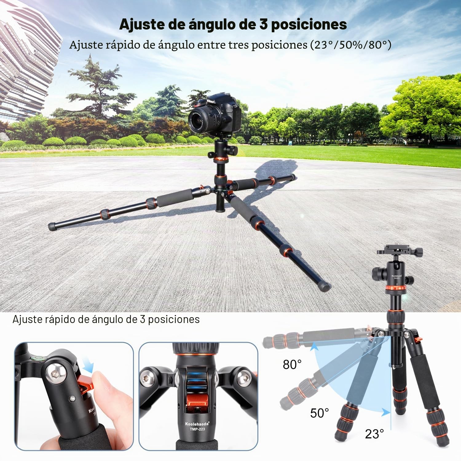 Koolehaoda Mini trípode de cámara 63,5 cm Trípode de Mesa Compacto de Aluminio Trípode de Viaje portátil con rótula de Bola de 360° para cámara DSLR Videocámara, Carga hasta 10 kg - (Naranja)