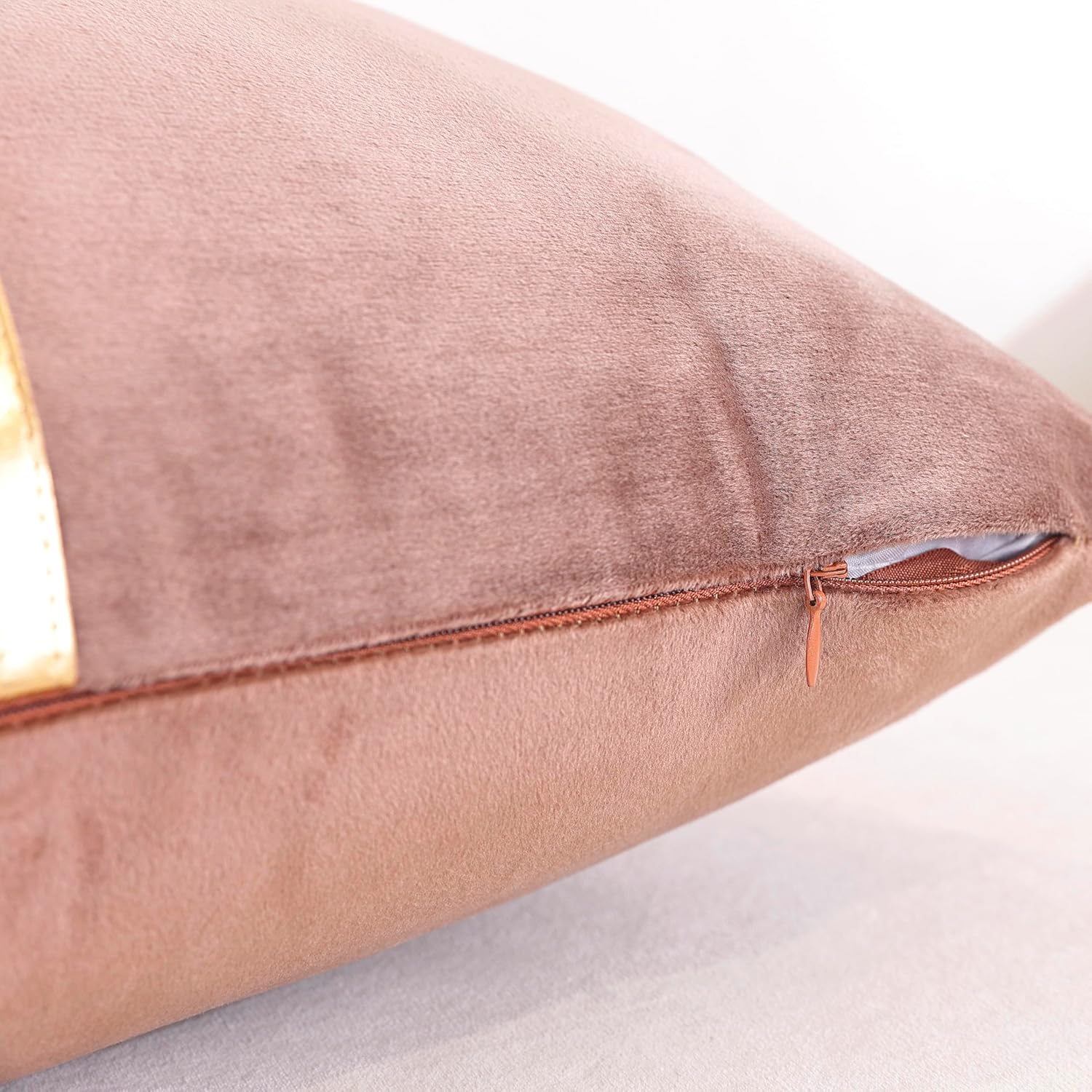 TAOSON Velvet Throw Pillow Covers,Pack of 2 Soft Decorative Cushion Covers Cases Coffee Brown Beige Patchwork with Gold Leather for Sofa Bedroom Livingroom Car, 18 x 18 Inch - Image 4
