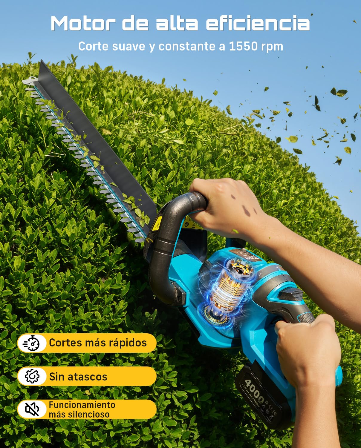 SEESII Cortasetos Batería 56 cm, Cortasetos Eléctrico 20V con 2 Baterías 4000mAh y Cargador, Espacio Entre Cuchillas 18 mm, Recogedor de Residuos, Cortasetos Inalámbrico para Jardín y Arbustos