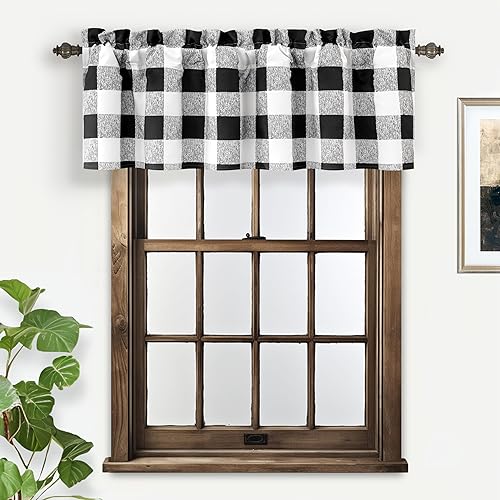 DriftAway Paquete de 2 cenefas de cortina a cuadros con bolsillo para barra, cenefa opaca con aislamiento térmico, cenefa blanca y negra para