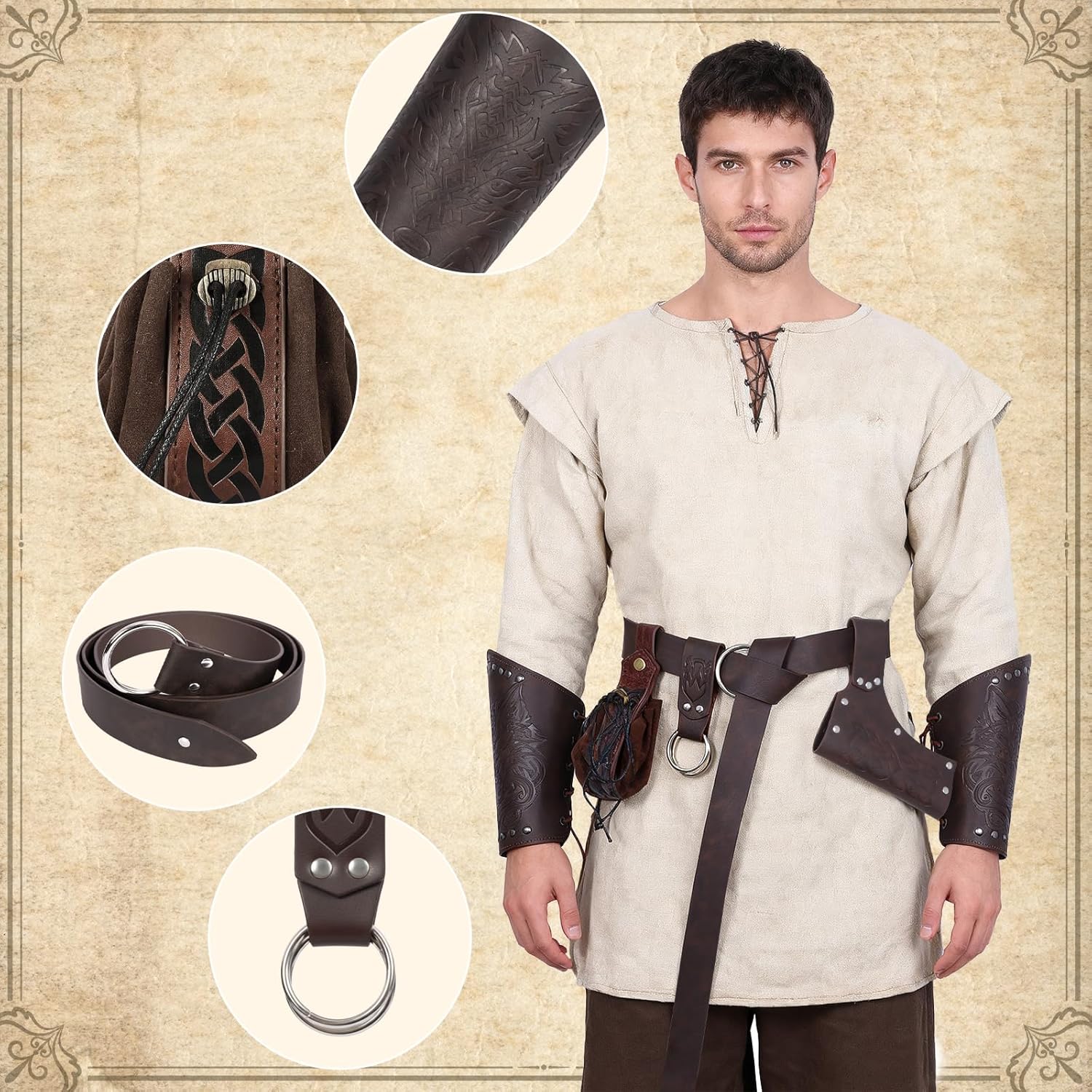 Medieval Belt Costume Accessories 6pcs-Renaissance Accessories with Horn Belt,Leather Bracers, Vintage Pouch, Sword Frog. - Image 6