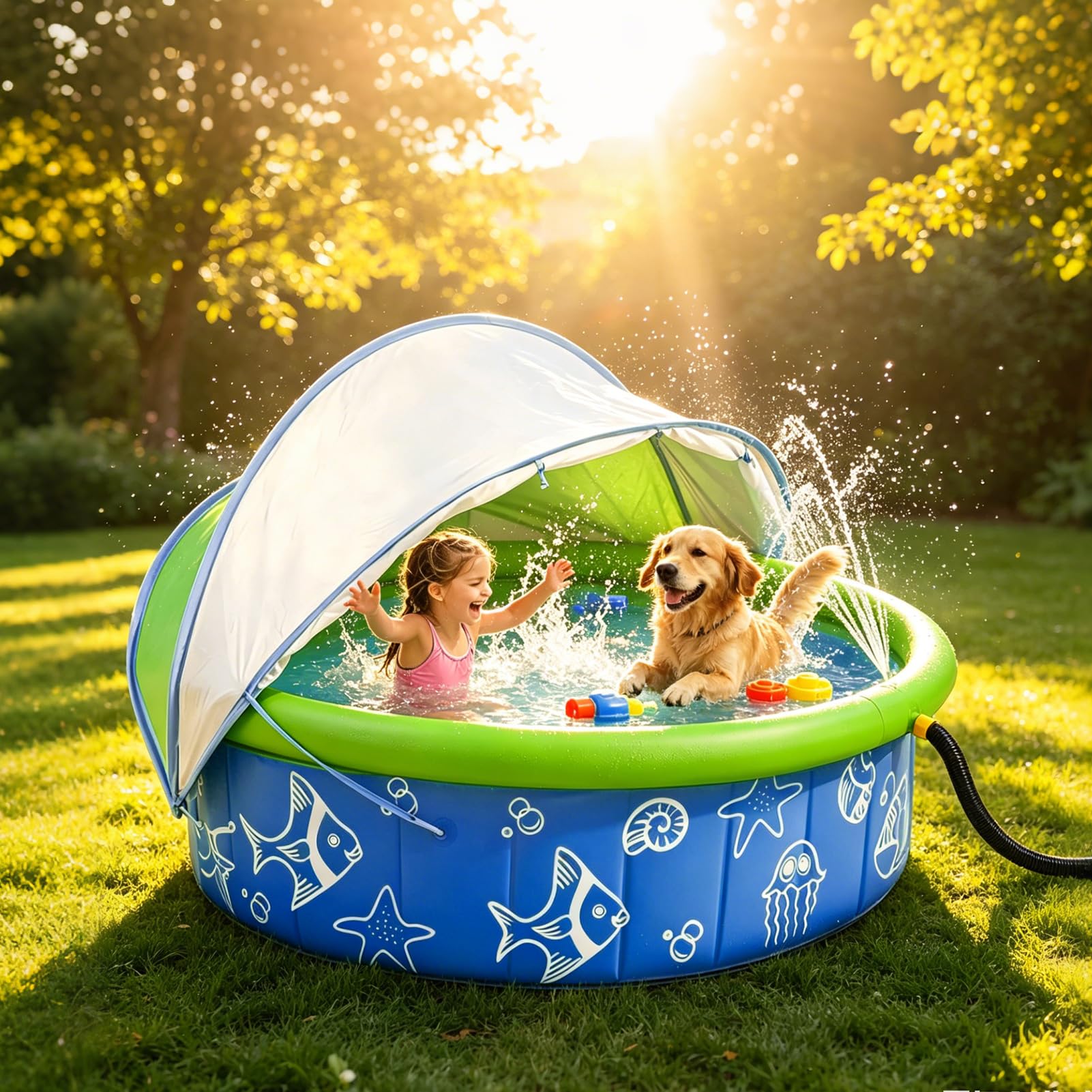 Planschbecken für Baby mit Dach, Strandmuschel Baby Planschbecken mit Sonnenschutz, Klappbarer Abnehmbares Kinderplanschbecke, Aufblasbar Babypool mit Wassersprühfür Strand, Urlaub, Camping (A)