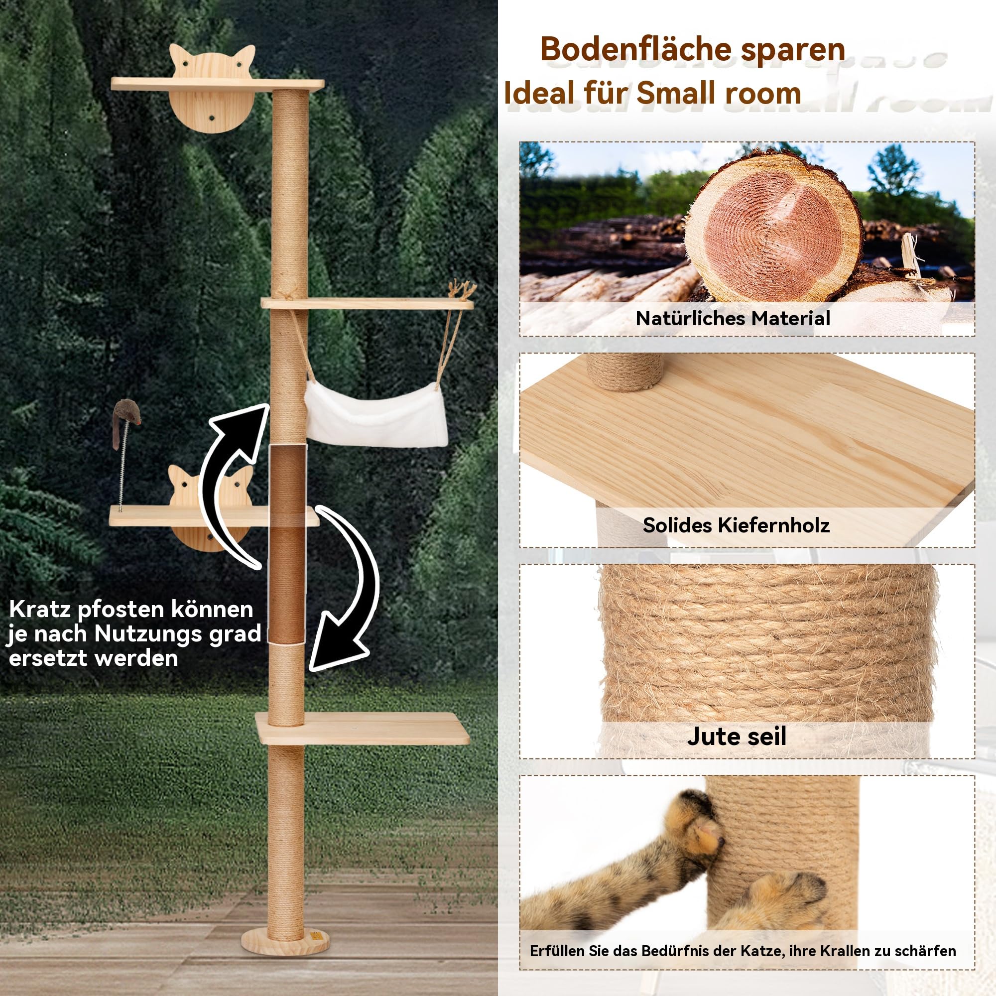 Kratzbaum für Katzen Wand Klettern 4 Etagen Katzenturm(176 cm) aus Natürliches Kiefernholz Katzenregal mit Hängematte und Sisal-Kratzmatte Federnde Spielmaus Kletterwand für Wohnungskatzen