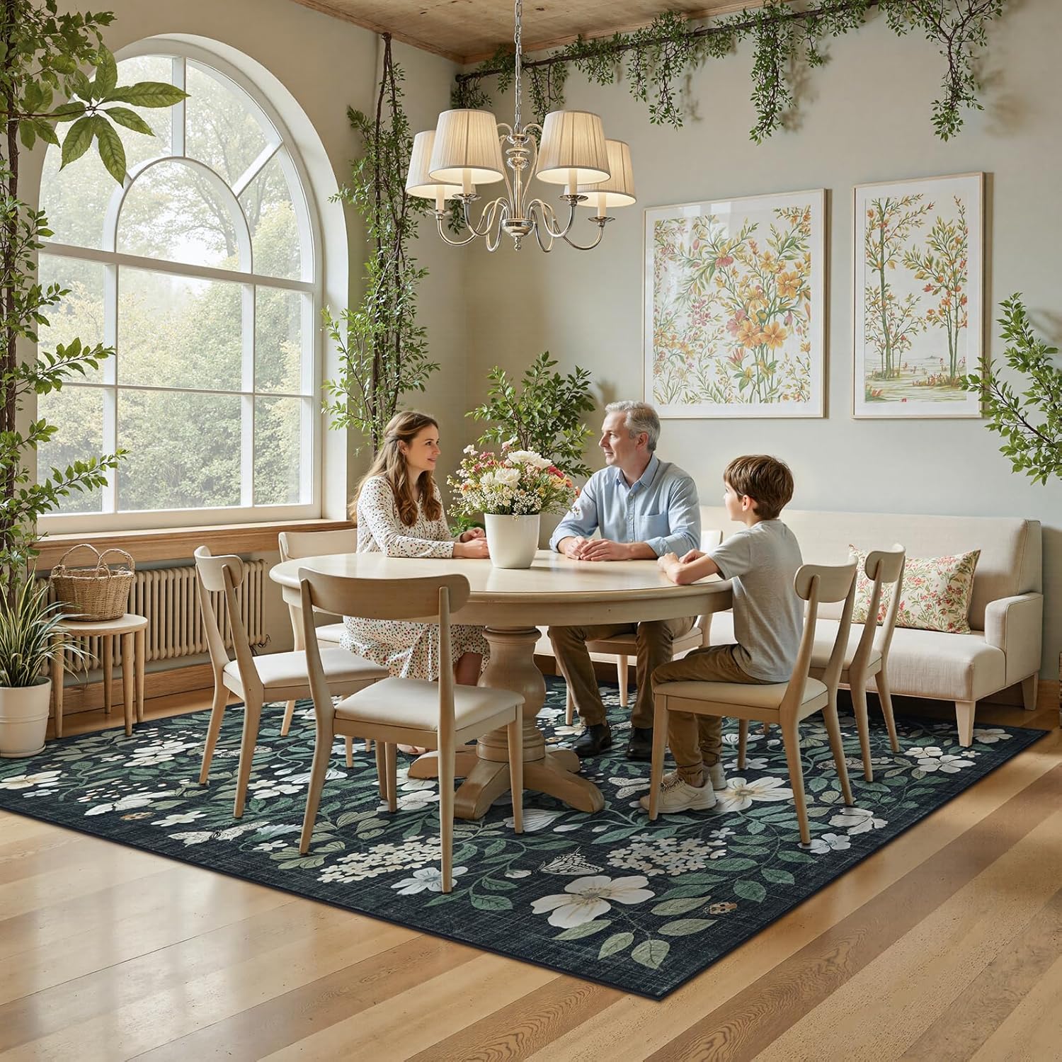 Lahome Floral Rug for Living Room,Soft Washable Rugs 5x7 Boho Non Slip Bedroom Rug, Low Pile Flower Indoor Botanical Lightweight Carpet for Dining Room Playroom Office Home Decor（Black,5X7