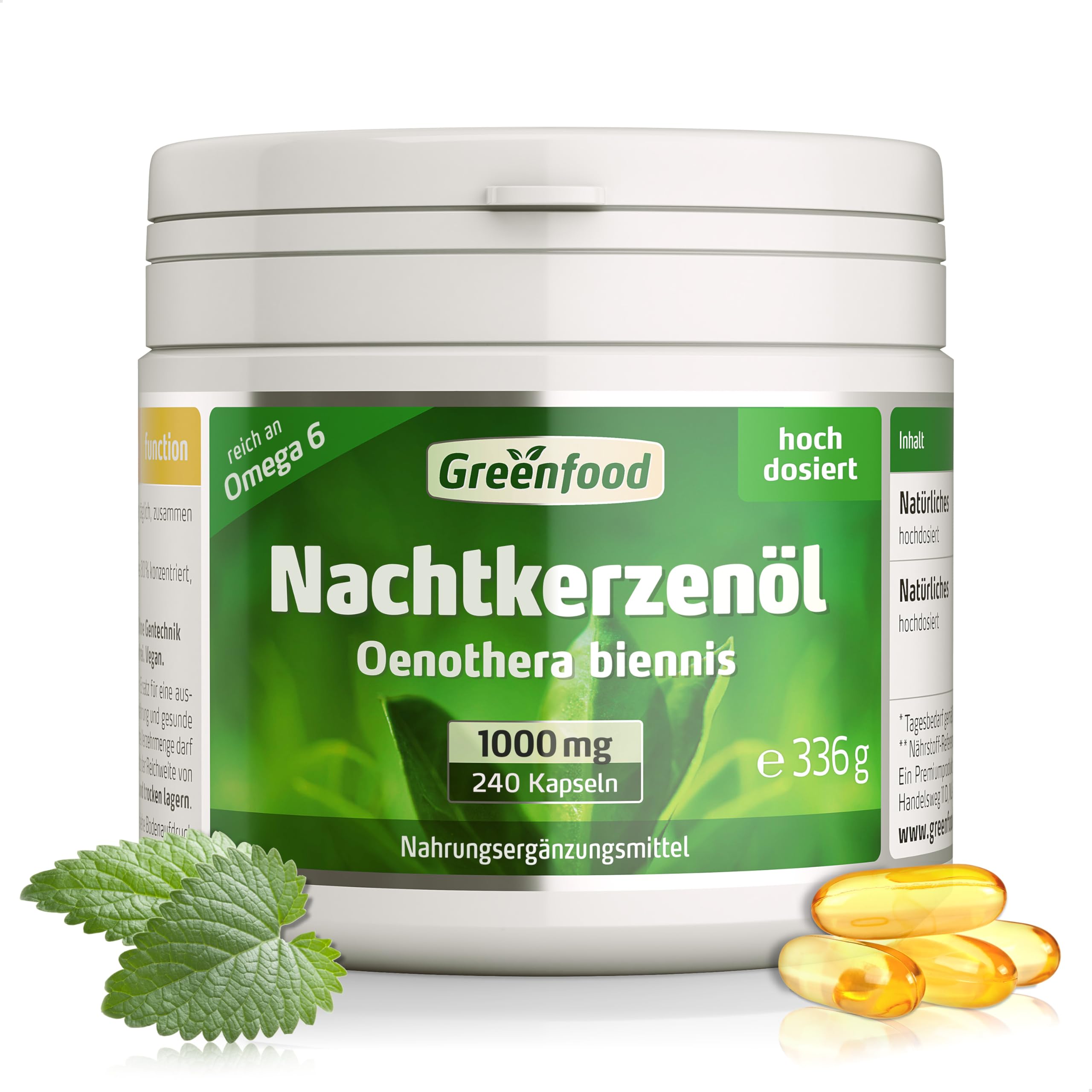 Nachtkerzenöl Kapseln, hochdosiert, 1000mg - 240 Softgels. Reich an Omega-6 (GLA) und natürlichem Vitamin E (Zellschutz). OHNE künstliche Zusätze - laborgeprüft. Von Greenfood.