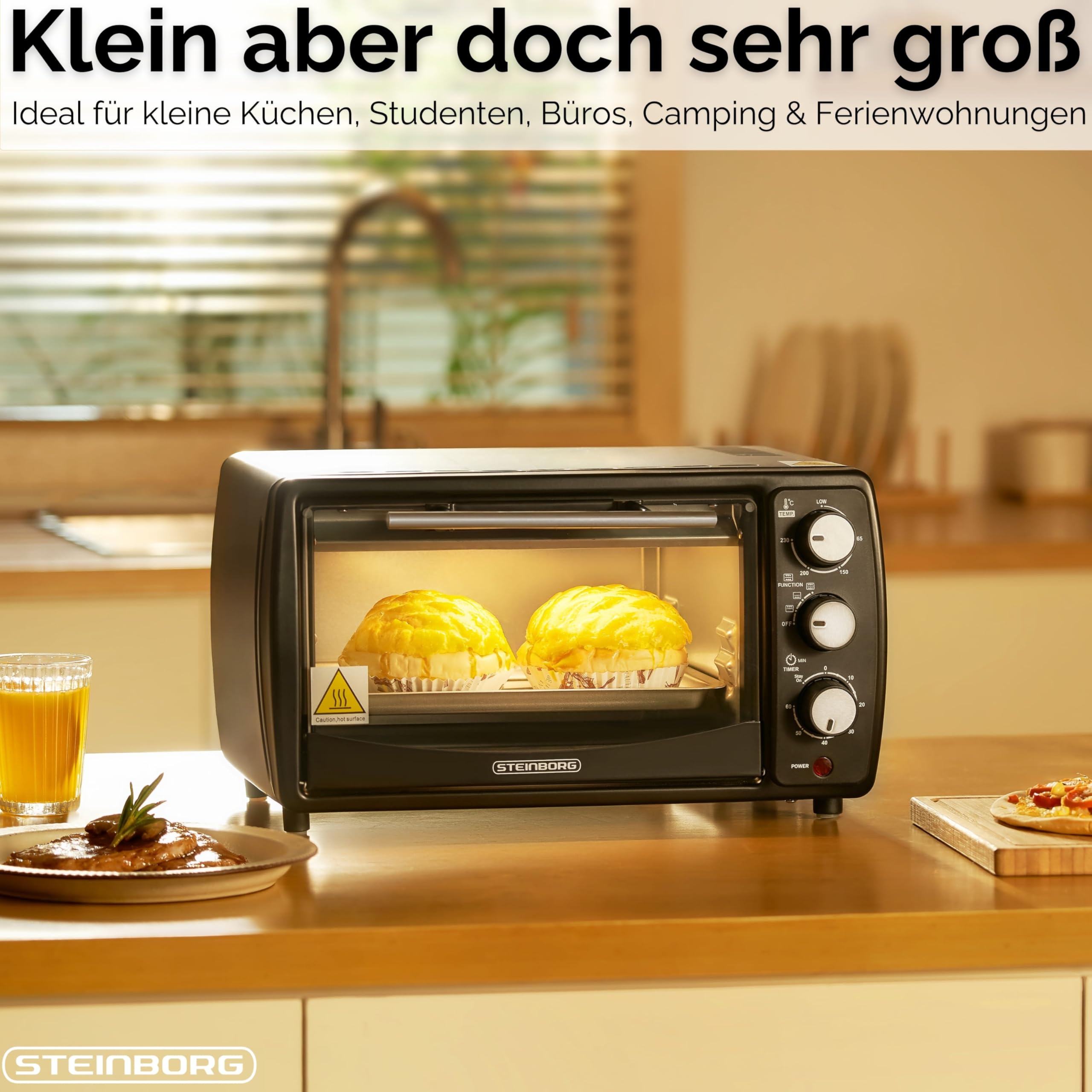 Steinborg Mini Backofen 13 Liter | Pizzaofen | 60°-250°C | Timer | aufklappbares Krümelblech | Minibackofen | Backofen | Kleiner Backofen | 900 Watt