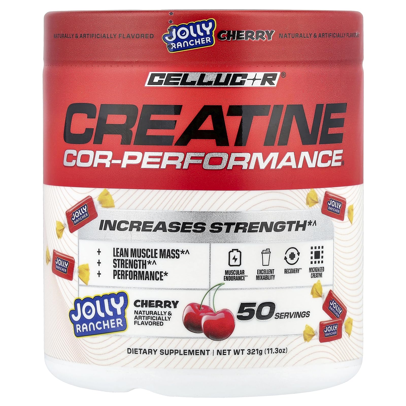Cellucor Creatine Powder, Jolly Rancher Cherry- Increases Strength, Lean Muscle Mass & Endurance, Micronized Creatine for Fast Absorption, 5g Creatine per Serving, 50 Servings