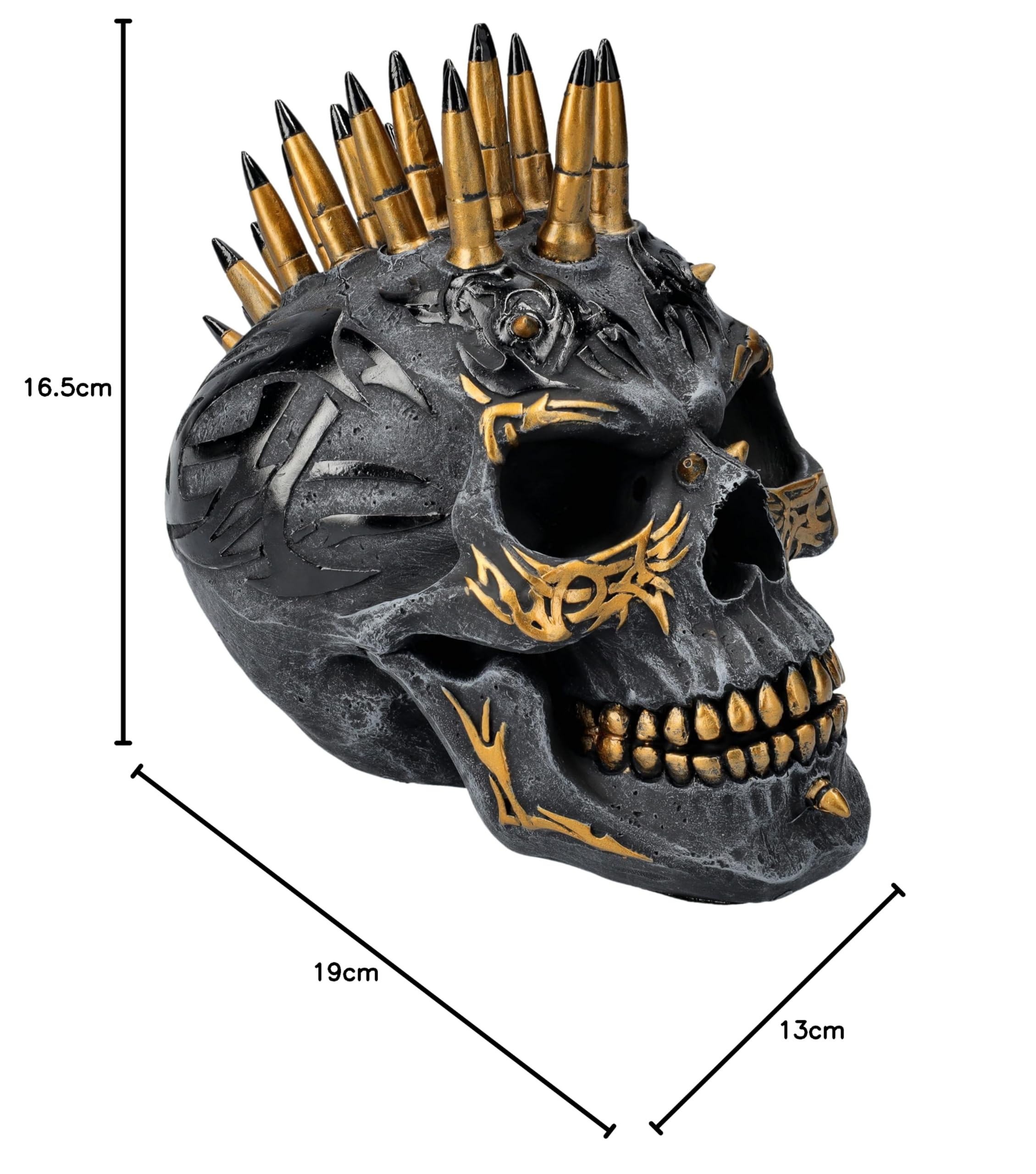 Figurita de calavera Iro, negro y oro de espiral, 16,5 cm – cráneo, calavera, tribales, iroquesis, peinado, bolas
