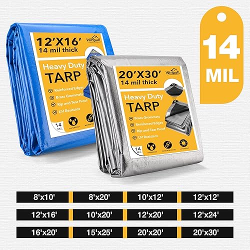 Miniatura 8 de Lona impermeable resistente de 10 x 20 pies, 14 mil, cubierta multiusos grande con ojales de latón y bordes reforzados, lonas de polietileno gruesas