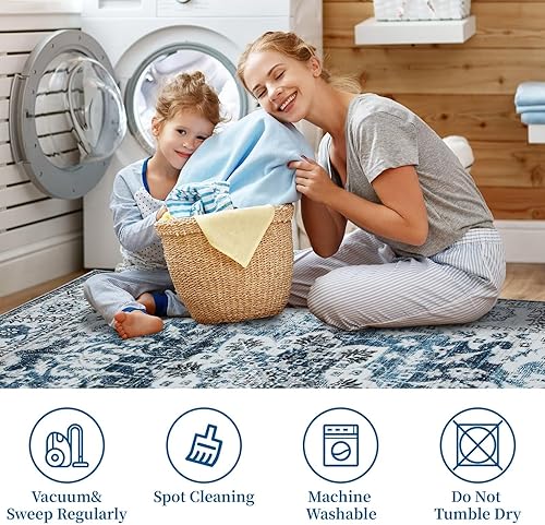 Miniatura 8 de COZYLOOM Alfombra grande de 9 x 12 pies, lavable, con estampado floral, estilo vintage, de felpilla, antideslizante, tribal, estética, azulblanco