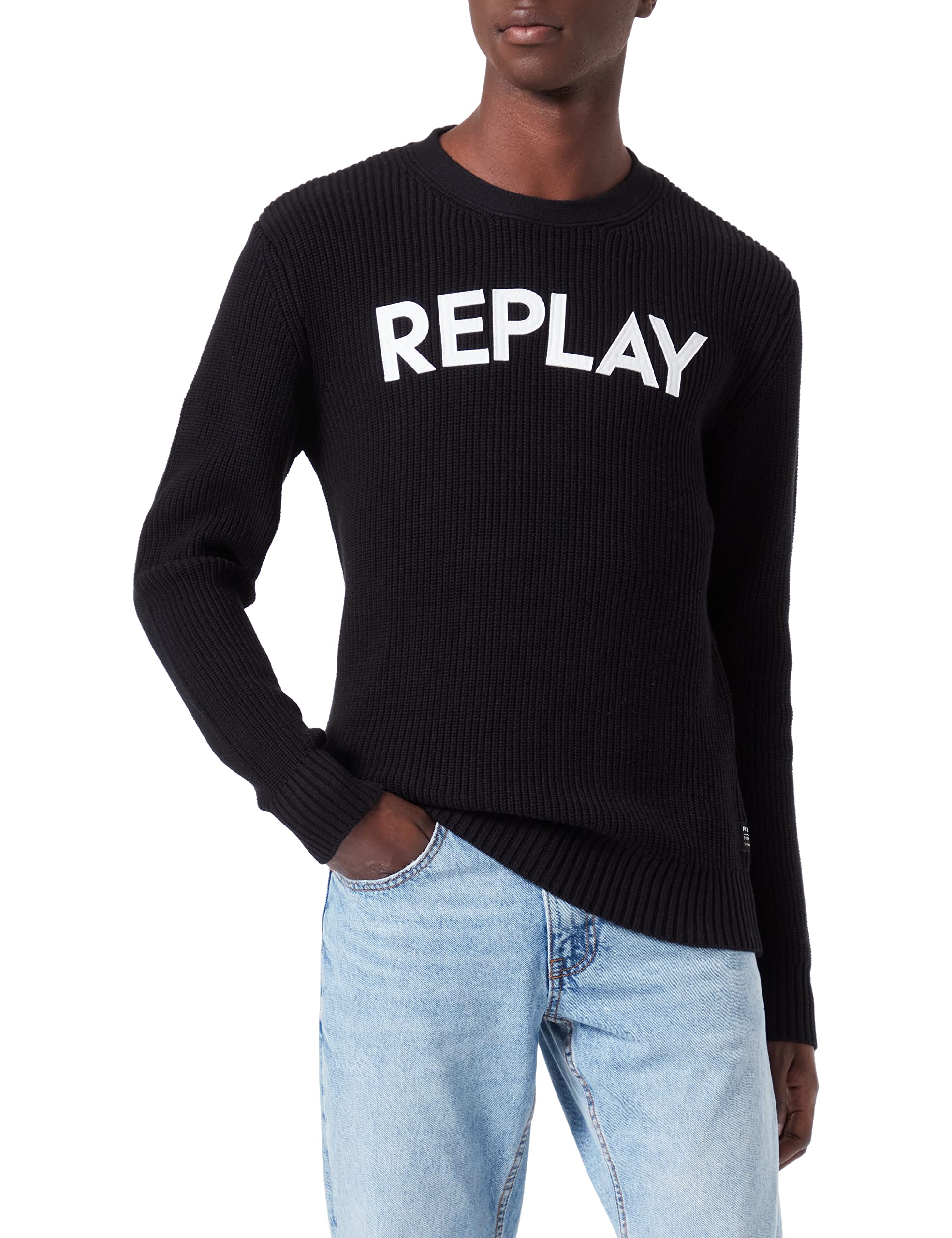 Replay Men's Knitted Sweater with Round Neck, Black 098 (Black), S