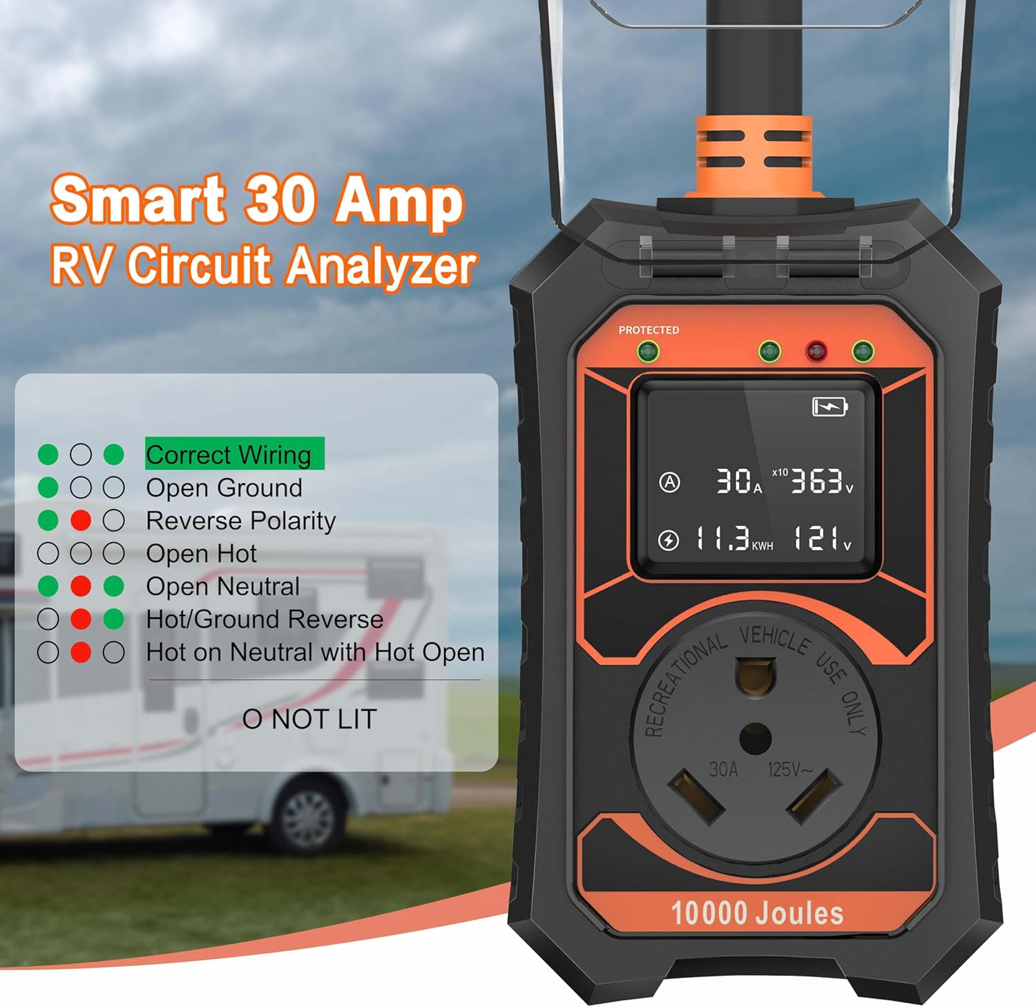 RV Surge Protector 30 Amp Smart RV Circuit Analyzer with LED Real-time Display Voltage Current KWH 10000 Joules Portable Waterproof RV Surge Protector for Camper Travel Trailer Rv Accessories