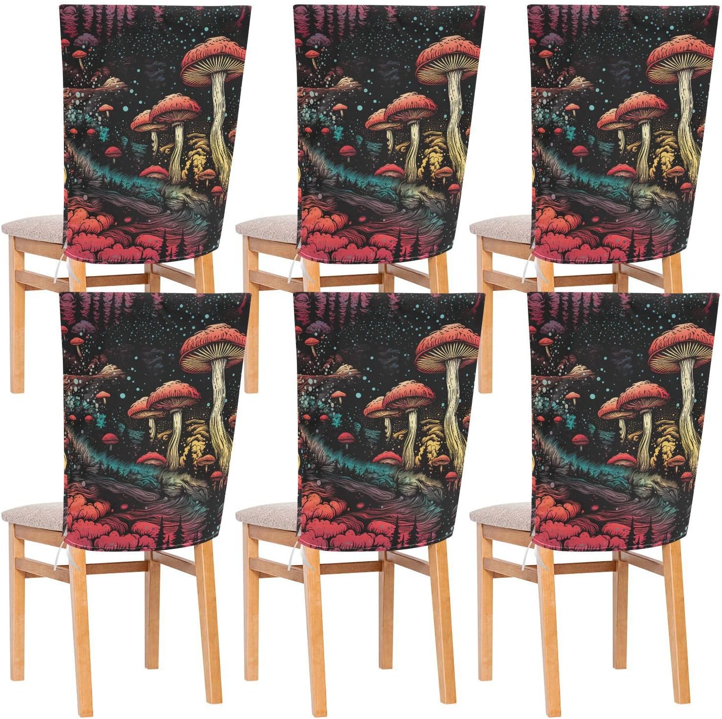 ALAZA Mushrooms and Night Sky Chair Back Cover Set of 6, Washable Reusable Removable Chair Slipcovers Decorative Chair Cover for Home Kitchen Wedding Party