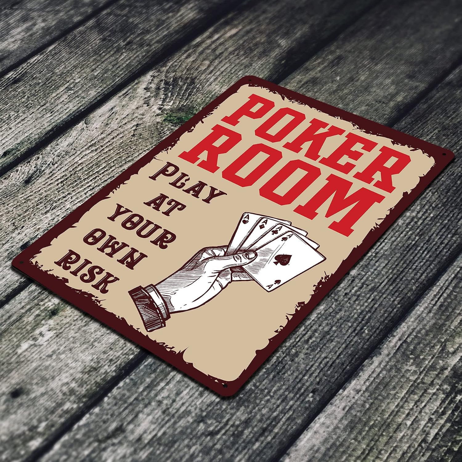 Tin Signs Poker Wall Decor - Metal Sign for Man Cave Bar Card Game Room 12 x 8 in. Poker Room Play at Your Own Risk image 2