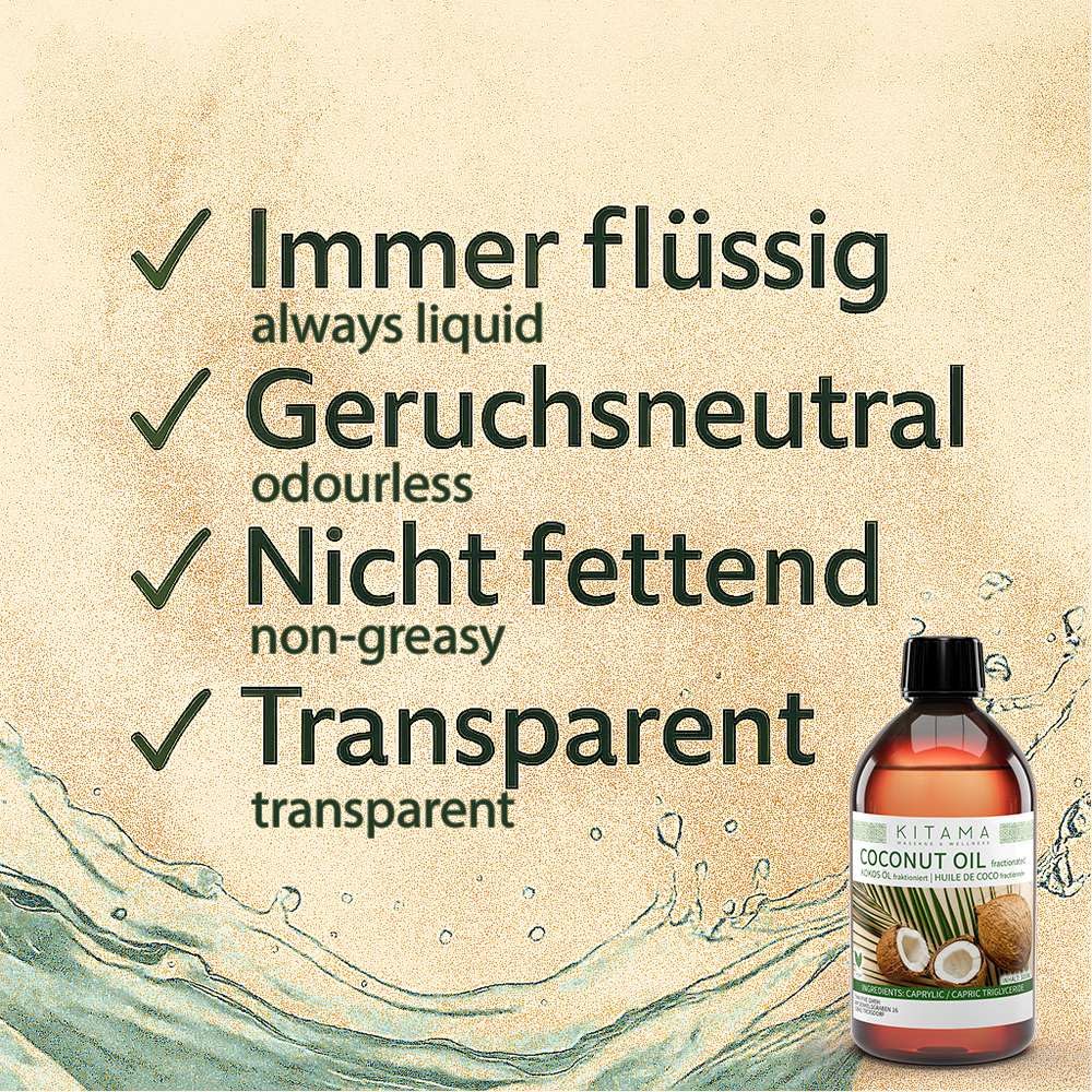 Kitama Olio di cocco frazionato, 5 l, olio da massaggio inodore | Olio vettore liquido e neutro di noci di cocco per oli essenziali e per la cura di pelle e capelli