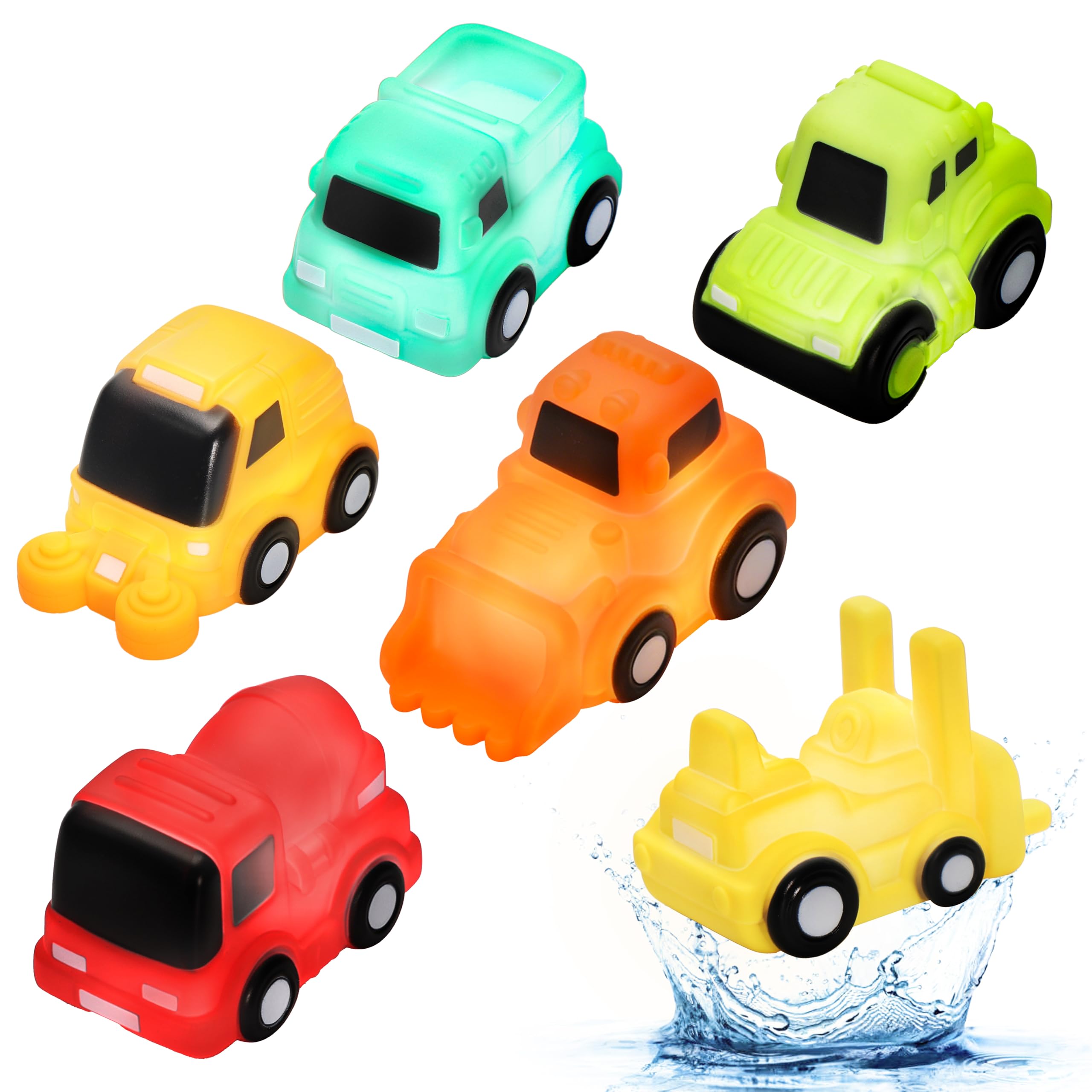 VBACALA Juguetes Baño Vehículos Construcción con Luces, 6 Piezas de Juguetes de Baño sin Agujero LED, Juegos Flotantes para Baño para Niños 3+ Años, Juguetes Luminosos para Bañera, Piscina y Playa
