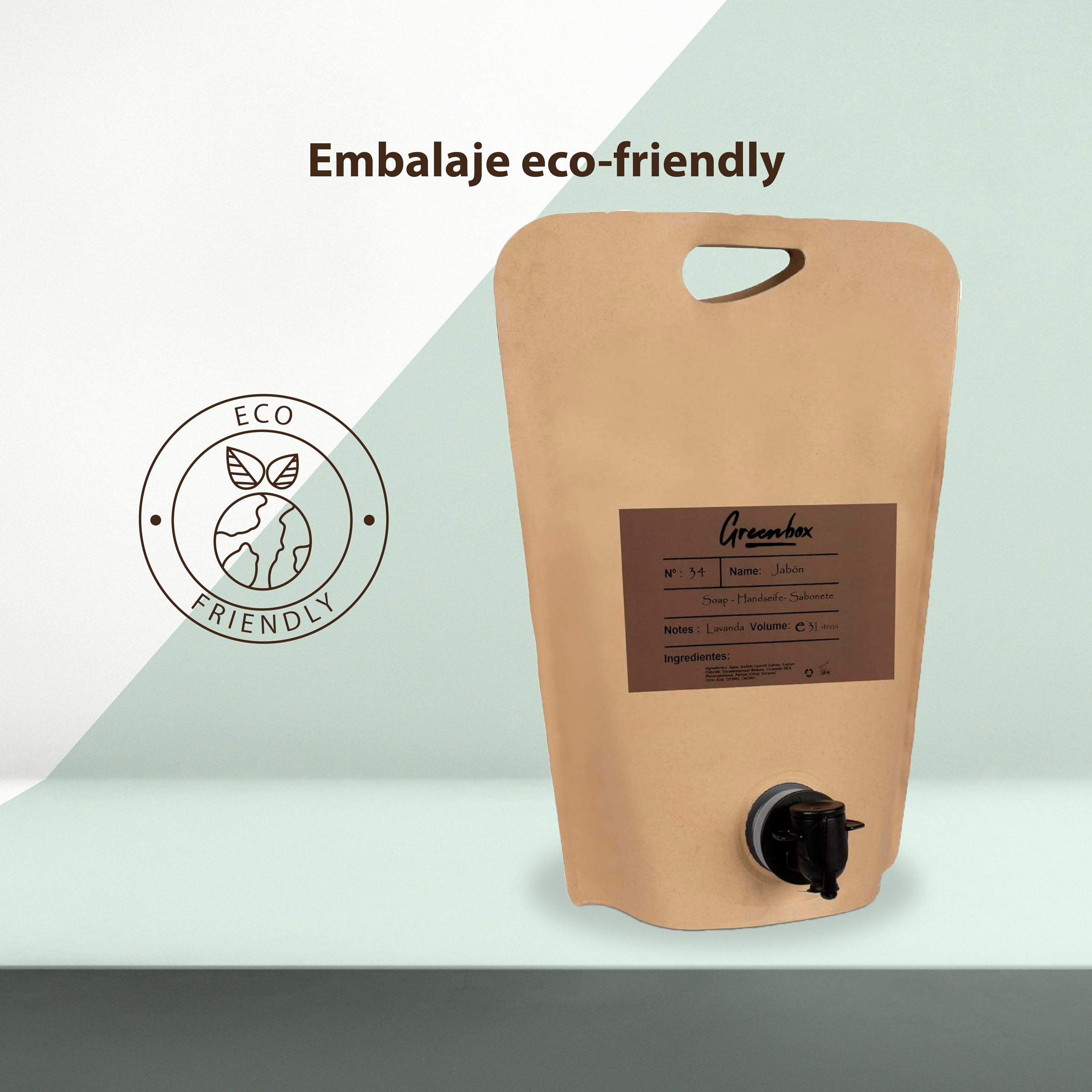 Ricarica sapone mani in "bag in box" BIO - sapone mani idratante 3L. Imballaggio ecologico e maniglia per il trasporto. Risparmia denaro e aiuta l'ambiente.