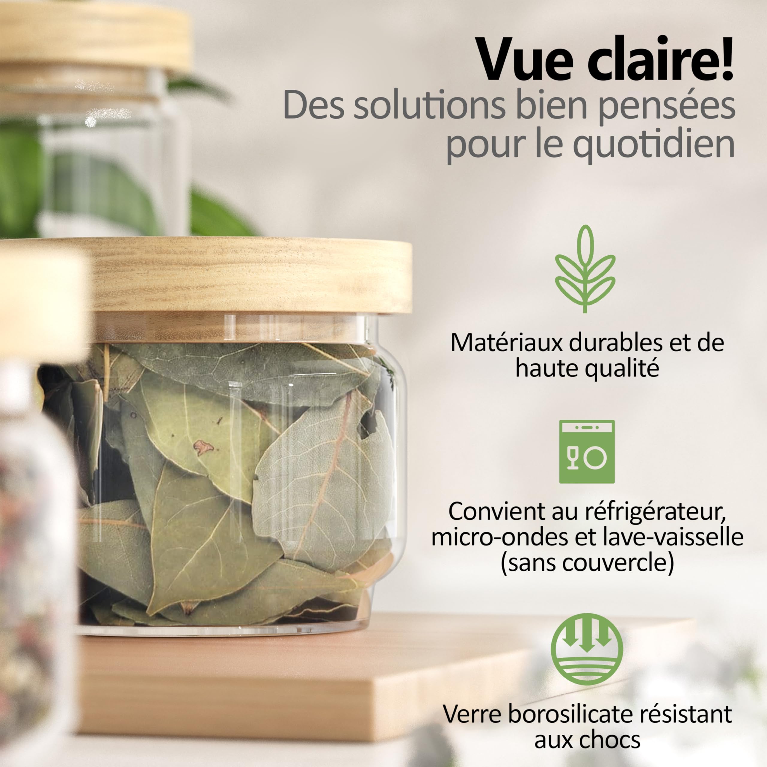 ElbFuchs® Bocaux en verre hermétiques 4x 300 ml | Sans BPA & anti-mites – Pots de conservation avec couvercle en bois | Noix, épices, thé & snacks