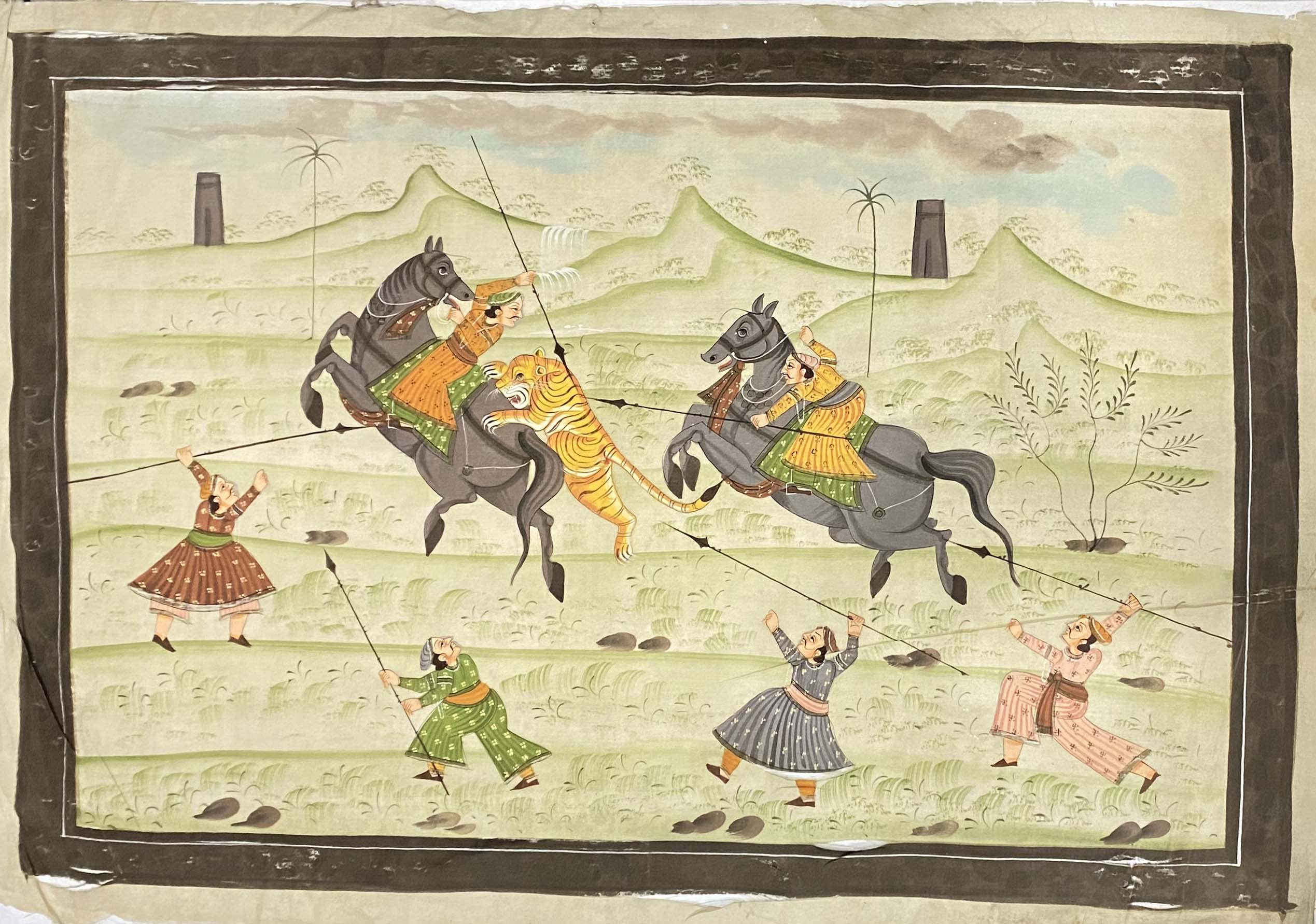 Benares Souvenirs Handmade Antique Oil Painting of Brave Indian King Hunting the Lion, Painting On Cloth- 50 Years Old Antique Painting